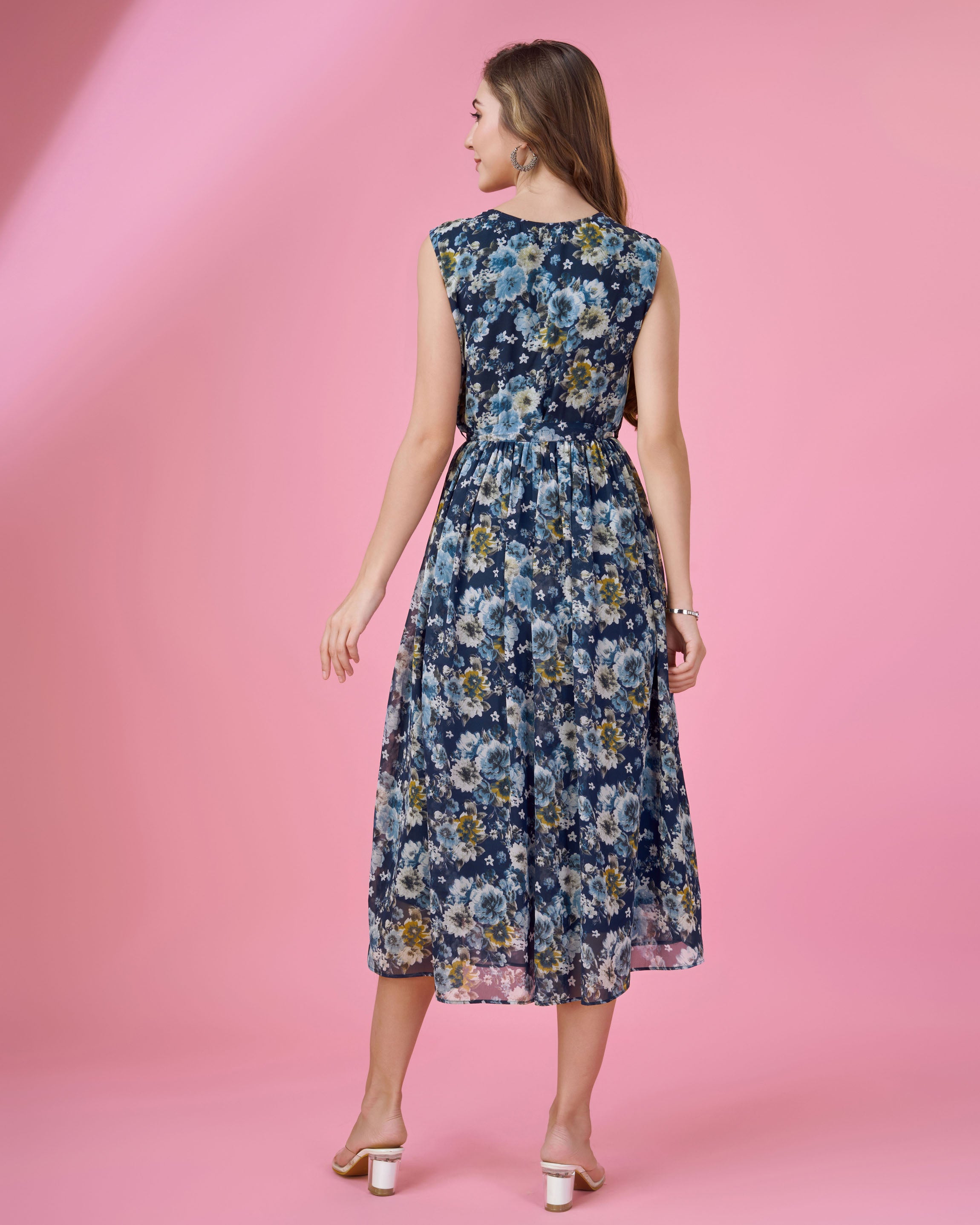 Her Couture Women's Navy Blue Georgette Floral Printed Flared Dress With Belt
