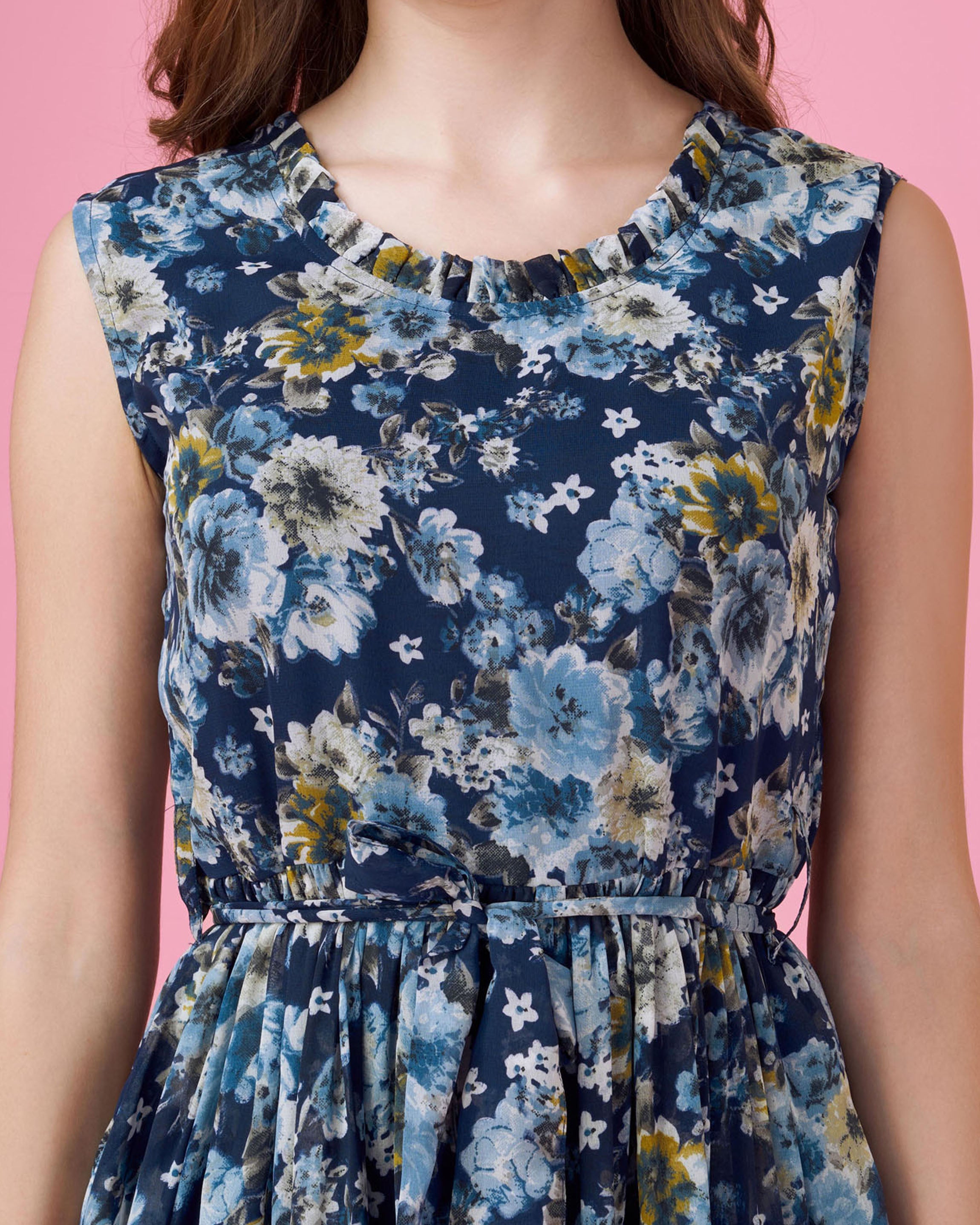 Her Couture Women's Navy Blue Georgette Floral Printed Flared Dress With Belt
