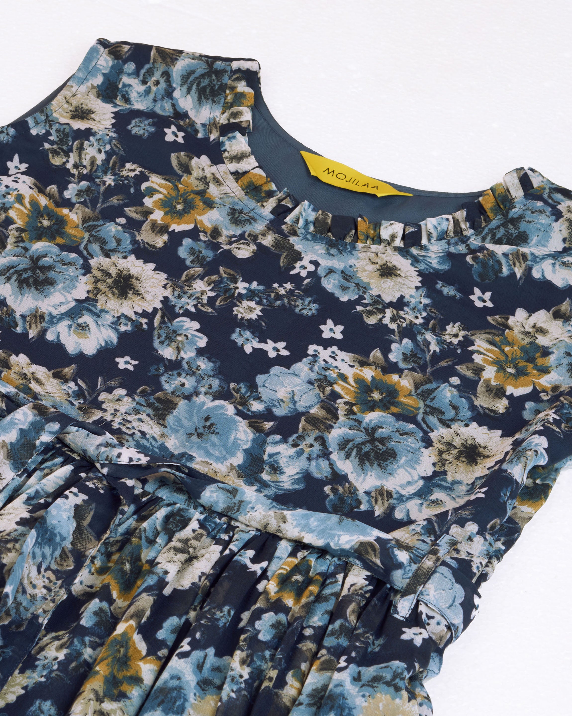 Her Couture Women's Navy Blue Georgette Floral Printed Flared Dress With Belt