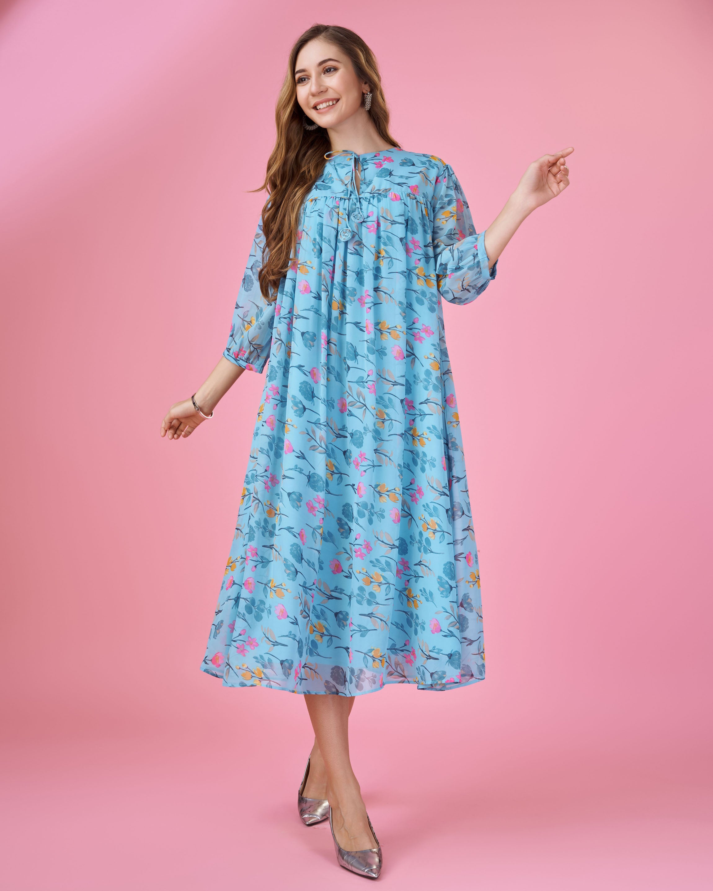 Blue Georgette Casual Midi Dress by Her Couture