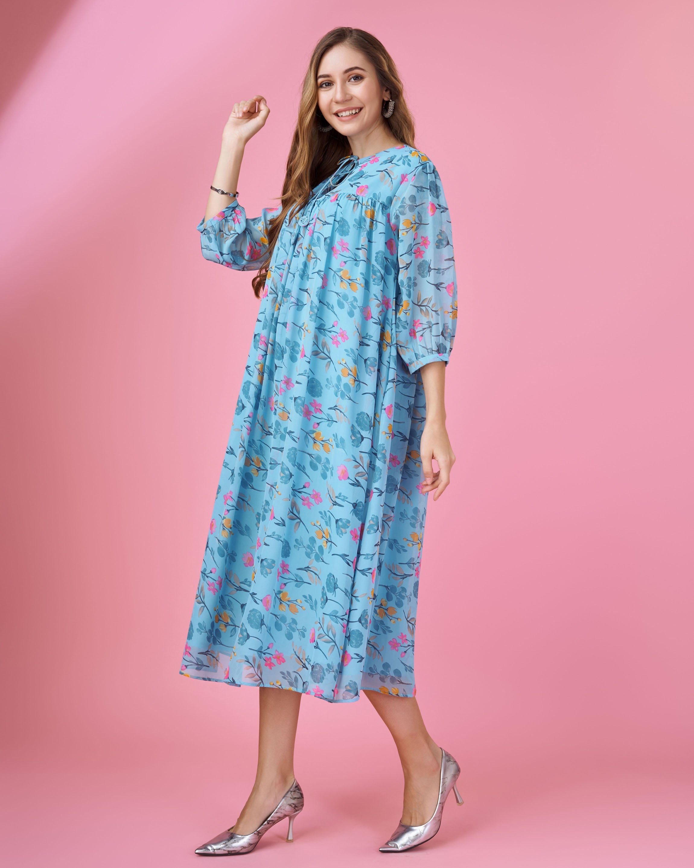 Her Couture Women's Blue Georgette Floral Printed Gathered Dress With Ruffles