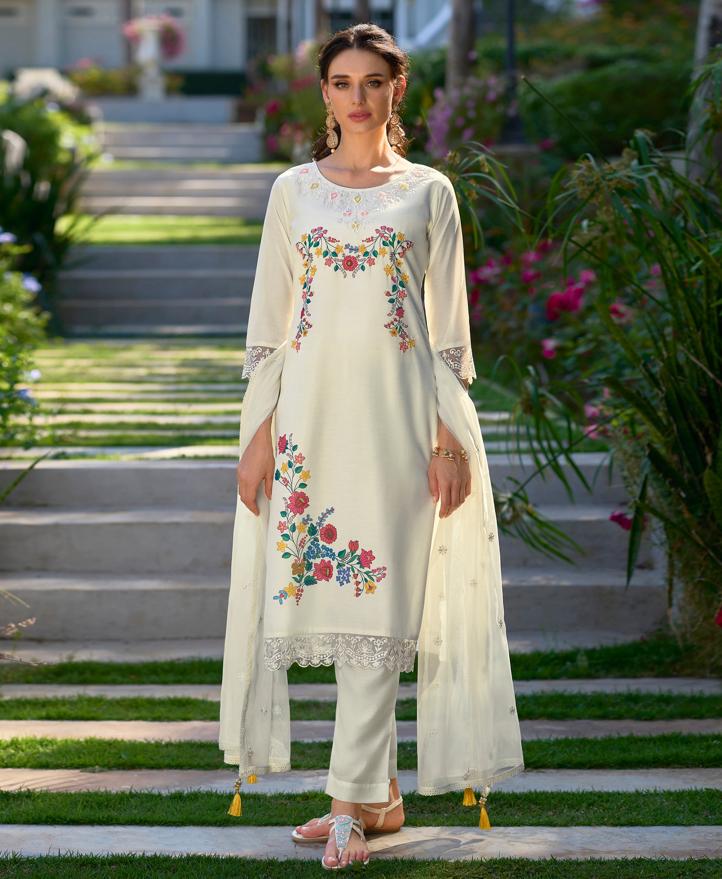 Cream Chanderi Silk Straight Festive & Party Kurta Set by Her Couture