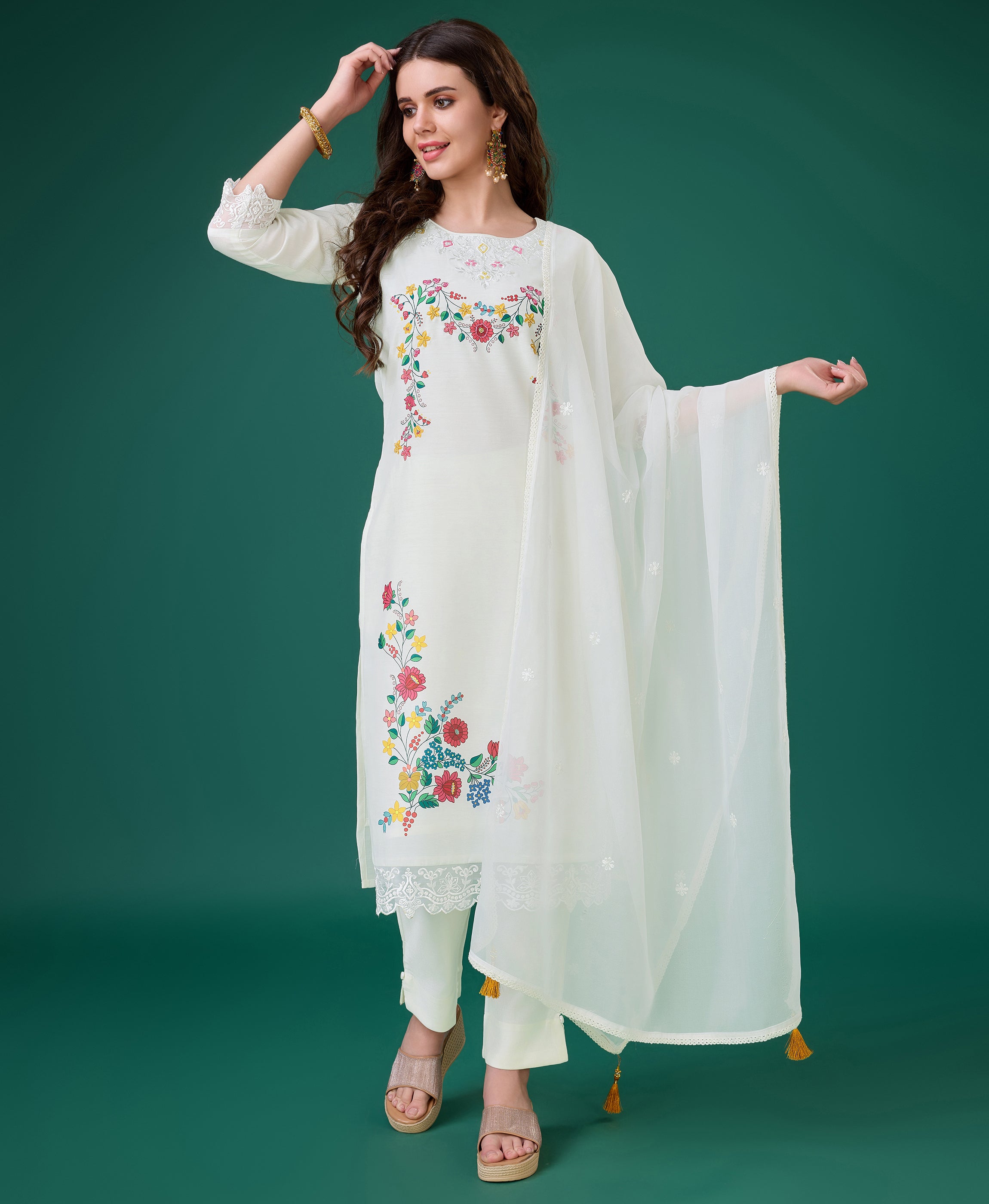 Her Couture Women's Cream Chanderi Silk Embroidered Kurta With Pant & Dupatta
