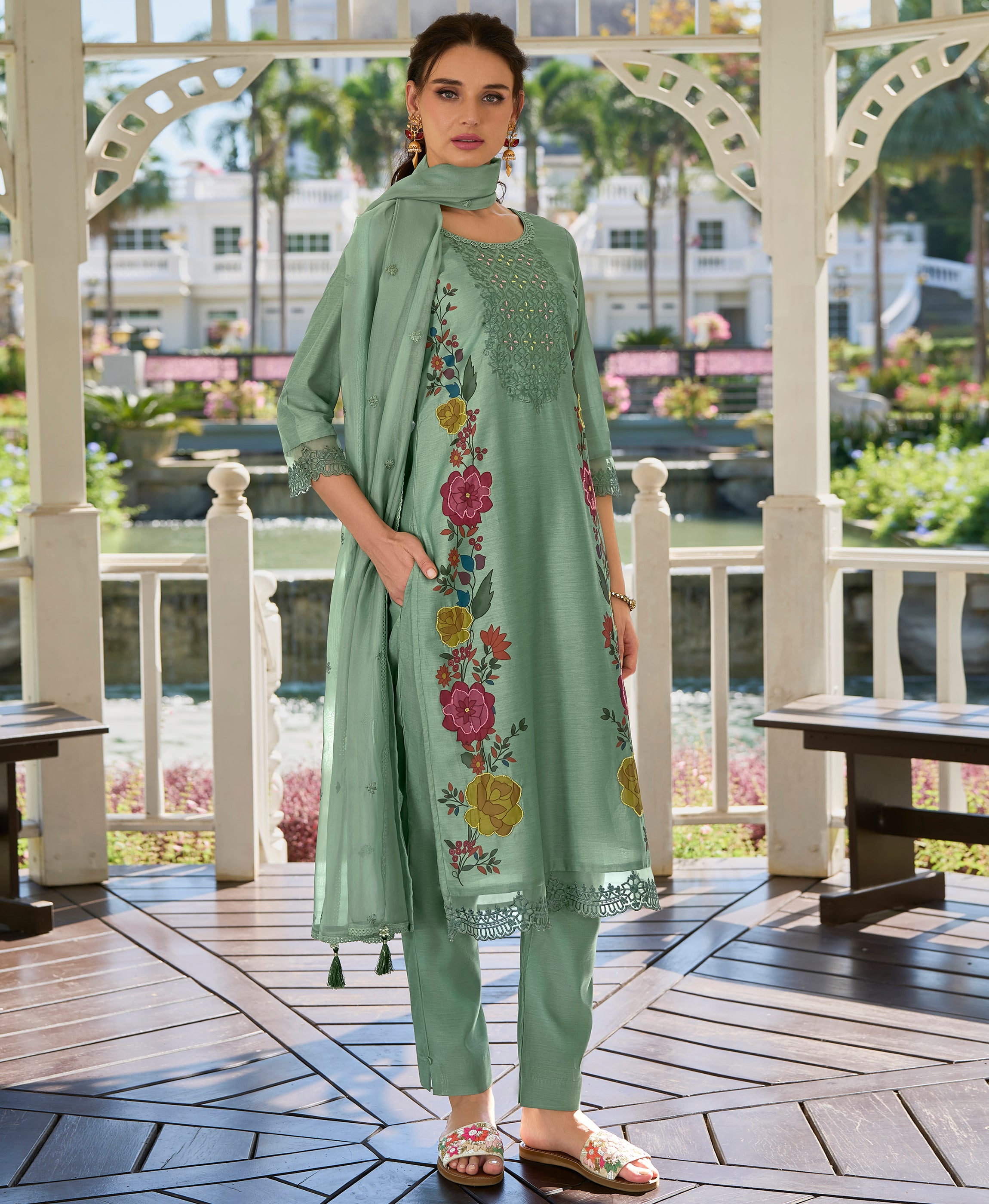Green Chanderi Silk Straight Festive & Party Kurta Set by Her Couture