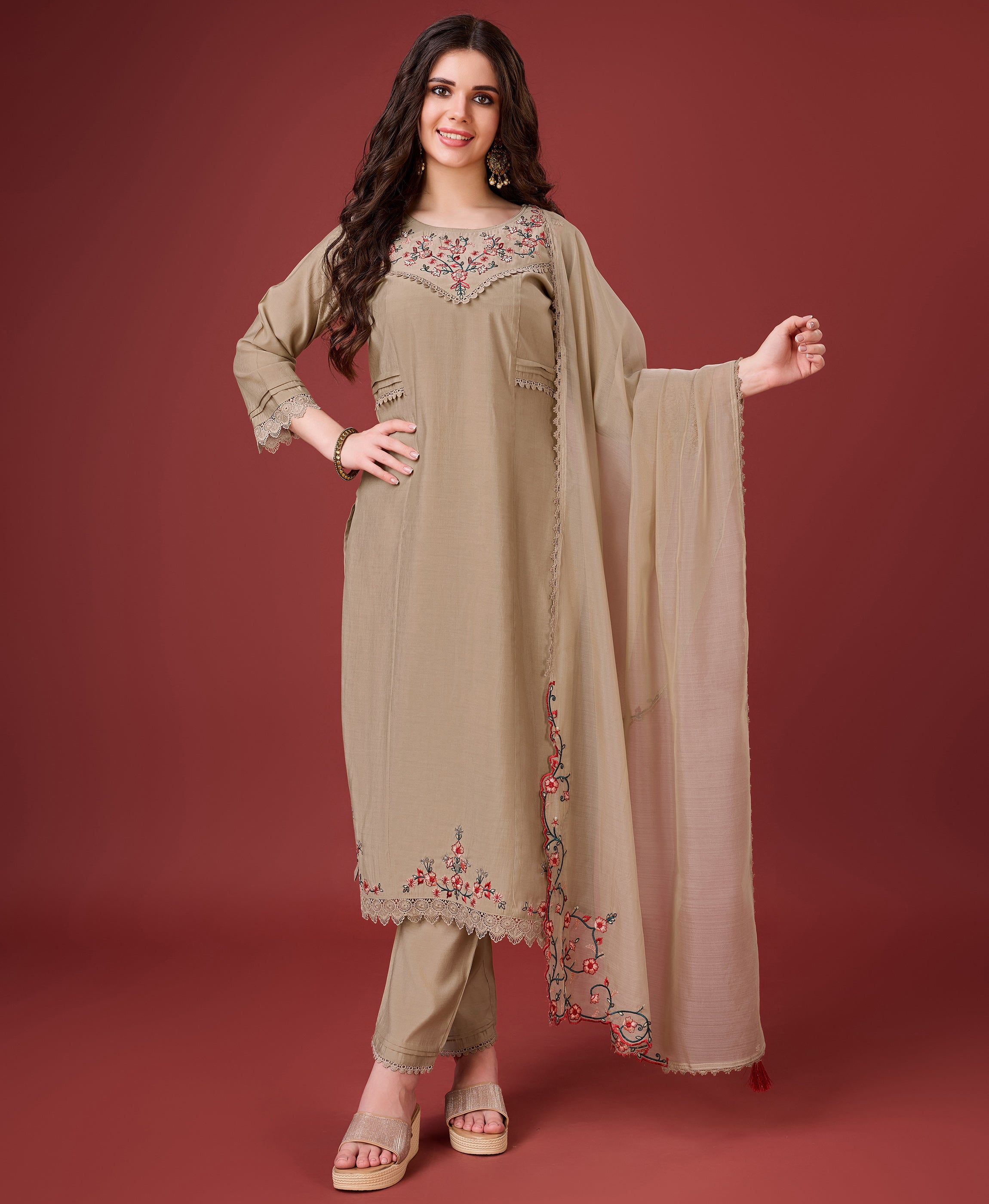 Her Couture Women's Bronze Viscose Silk Embroidered Kurta With Pant & Dupatta