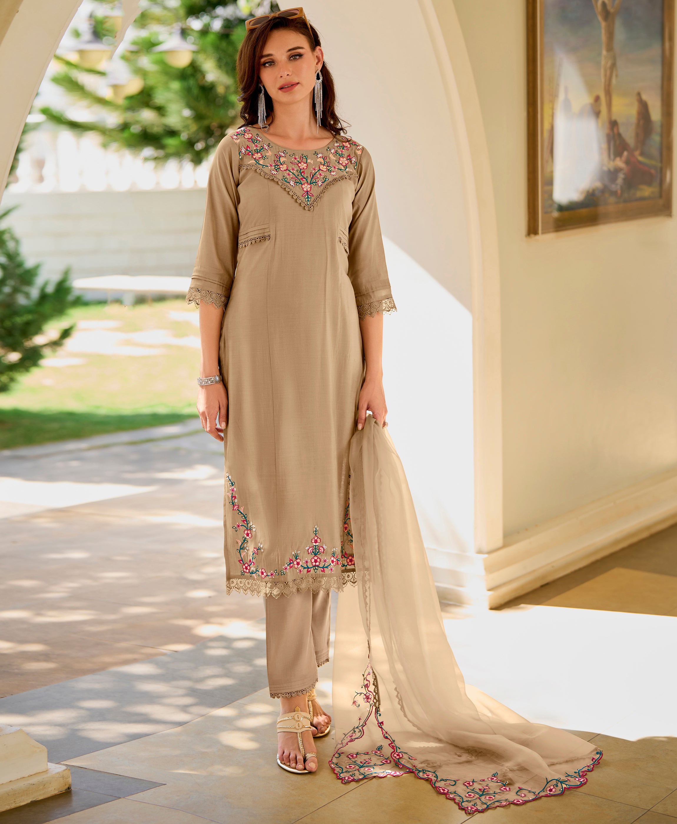 Bronze Viscose Silk Straight Festive & Party Kurta Set by Her Couture