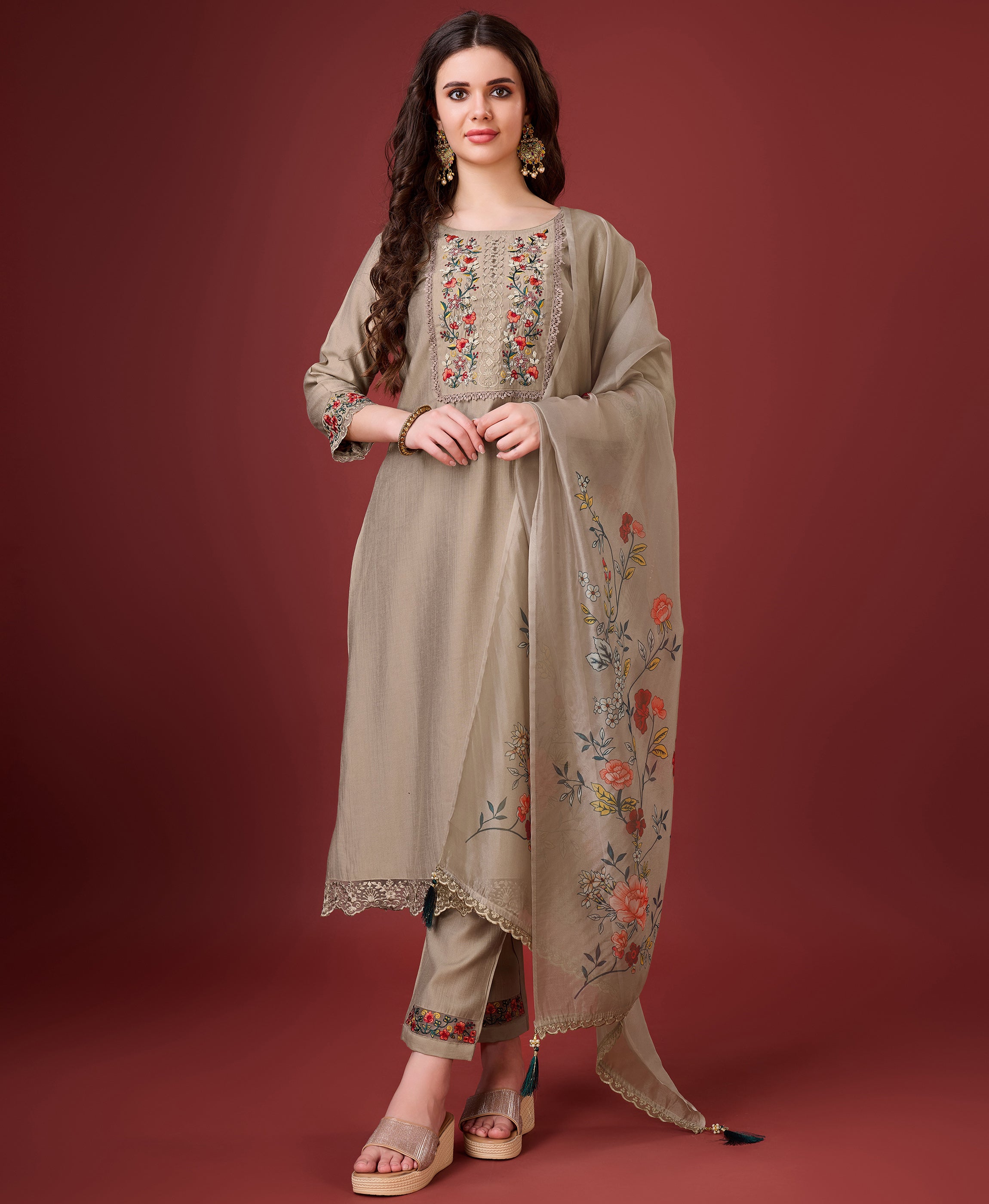 Her Couture Women's Bronze Viscose Silk Embroidered Kurta With Pant & Dupatta