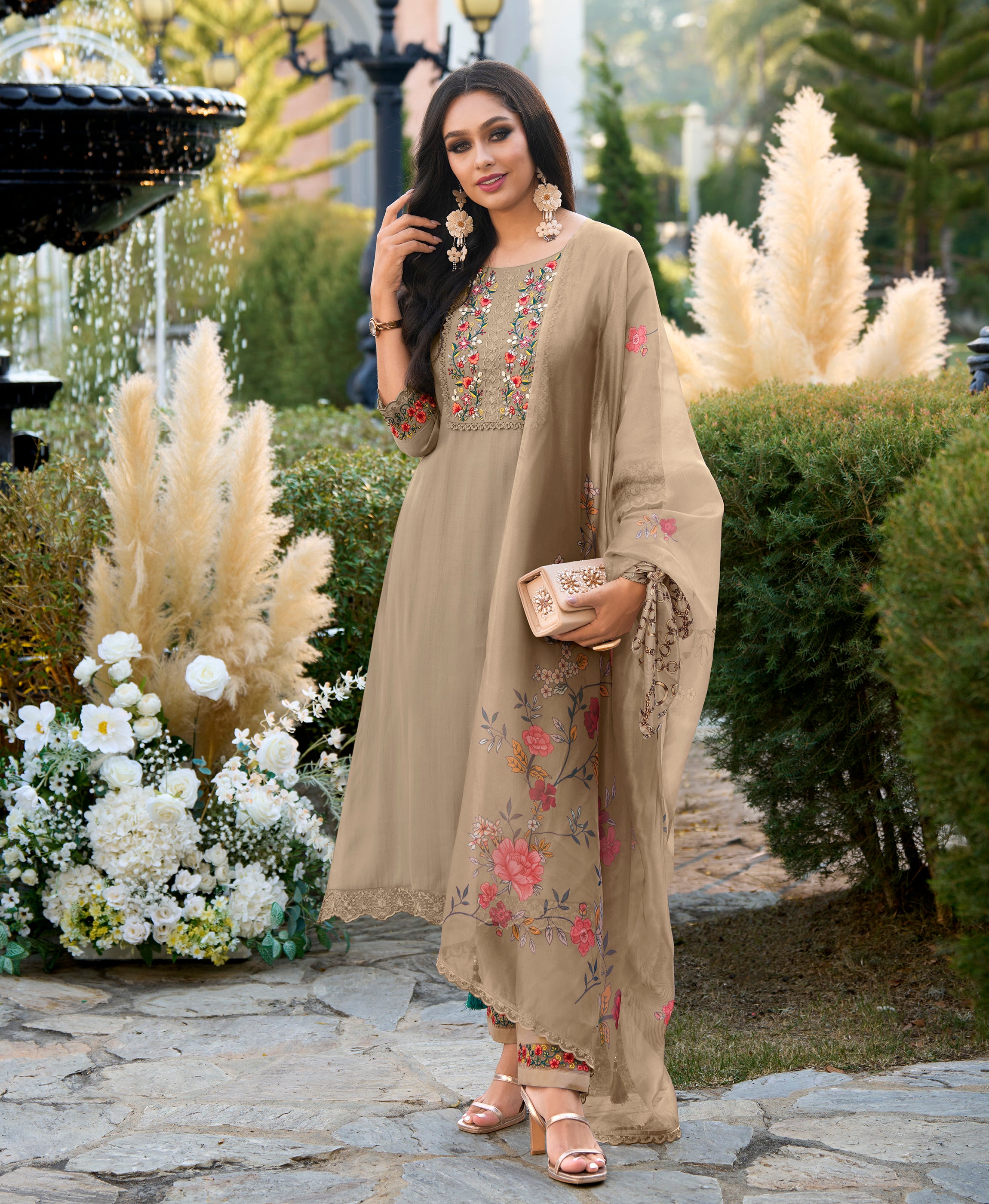 Bronze Viscose Silk A-line Festive & Party Kurta Set by Her Couture