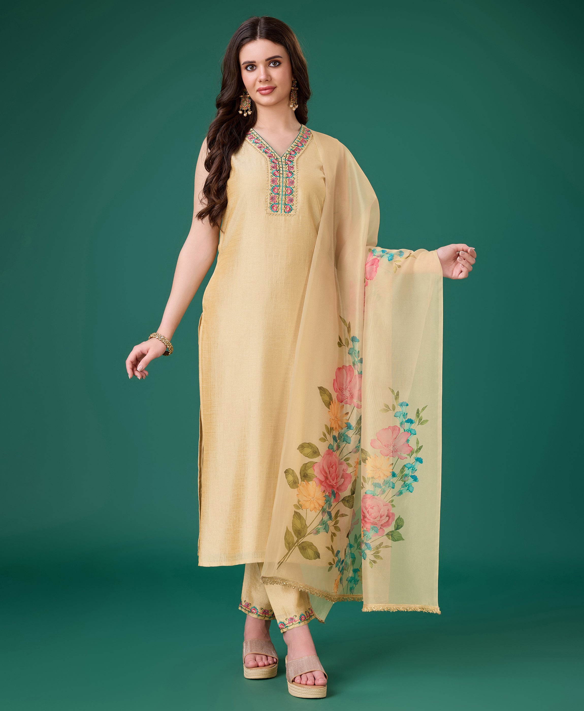 Beige Vichitra Silk Straight Party Kurta Set by Her Couture