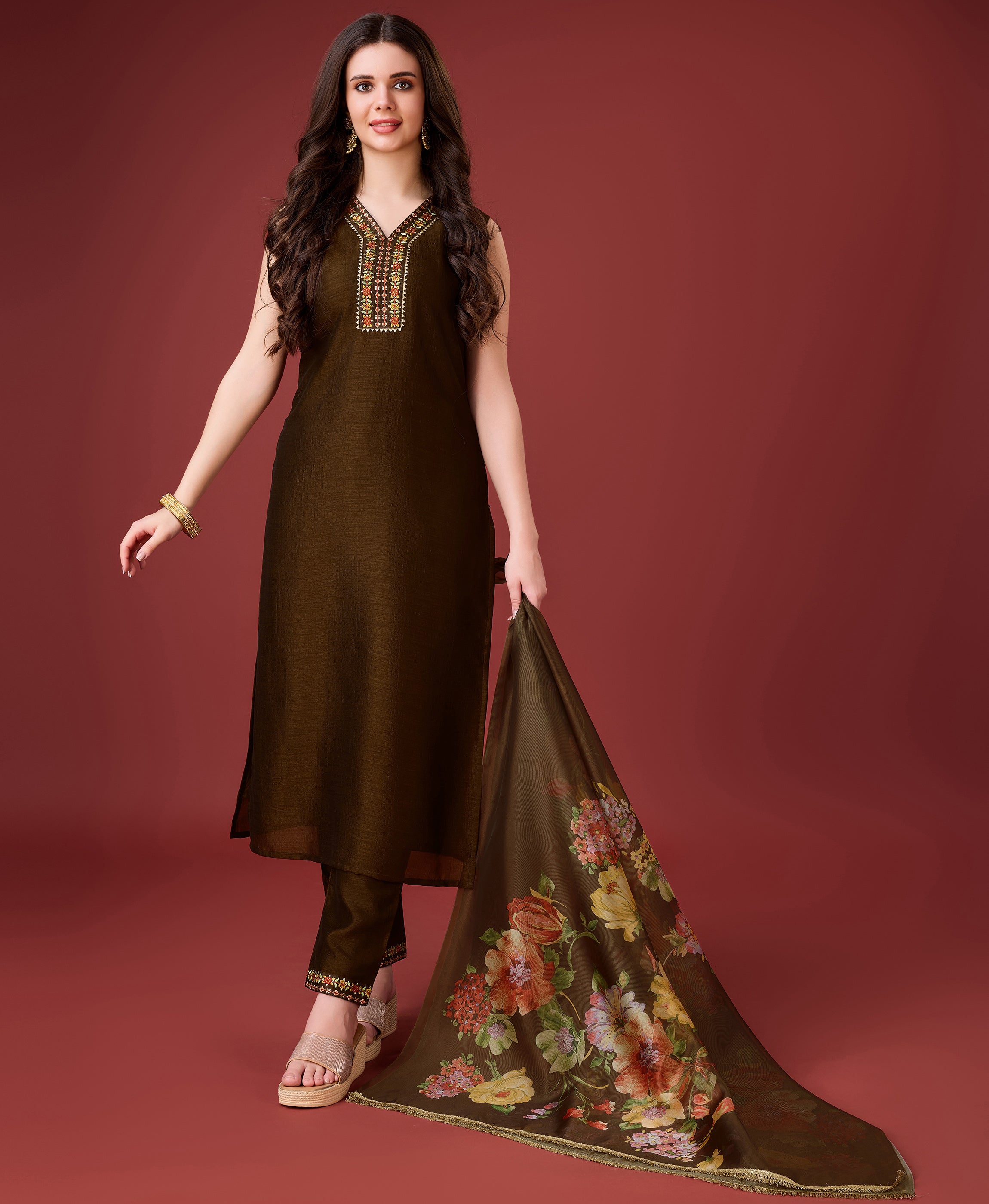 Coffee Brown Vichitra Silk Straight Party Kurta Set by Her Couture