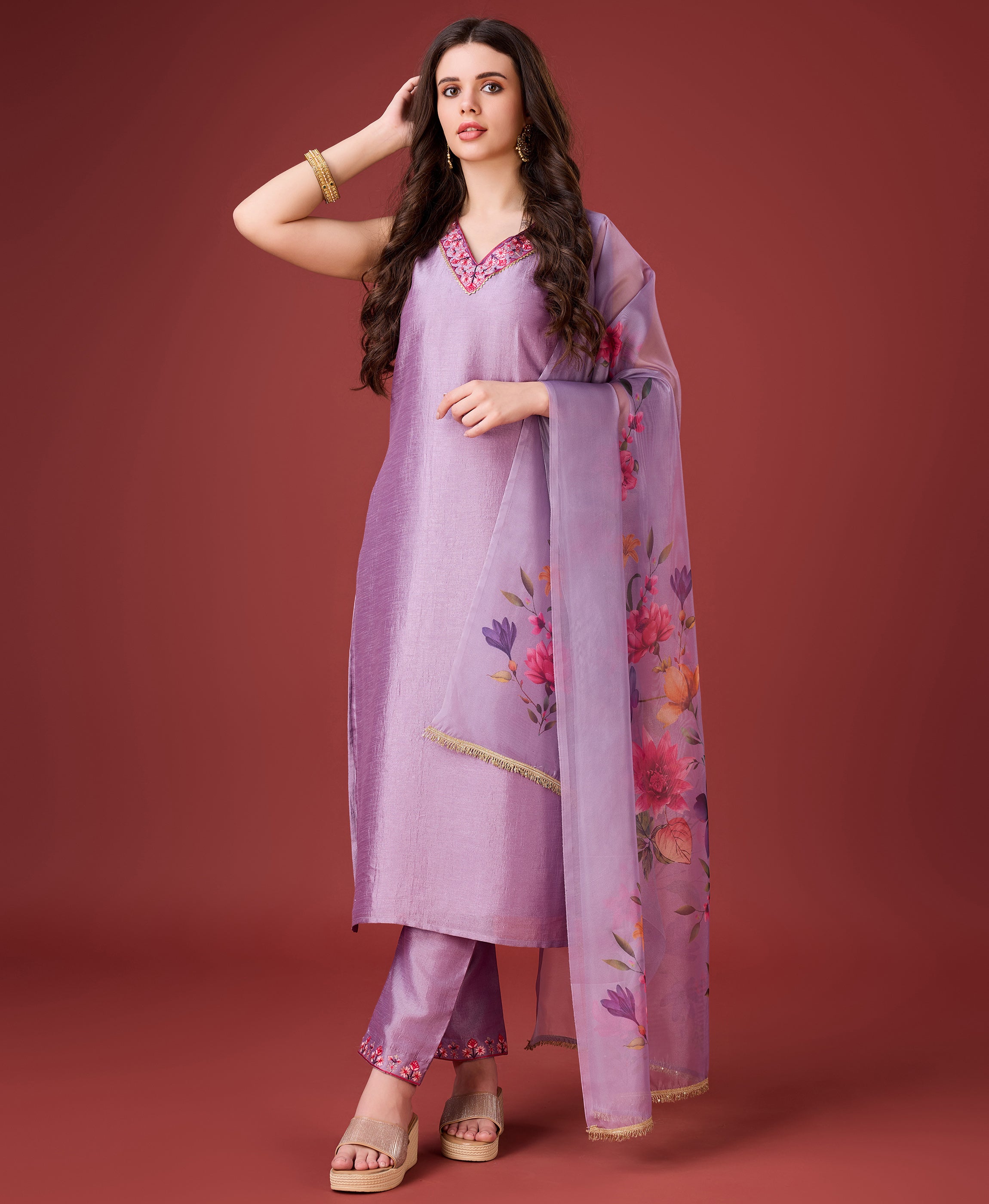 Lavender Vichitra Silk Straight Party Kurta Set by Her Couture