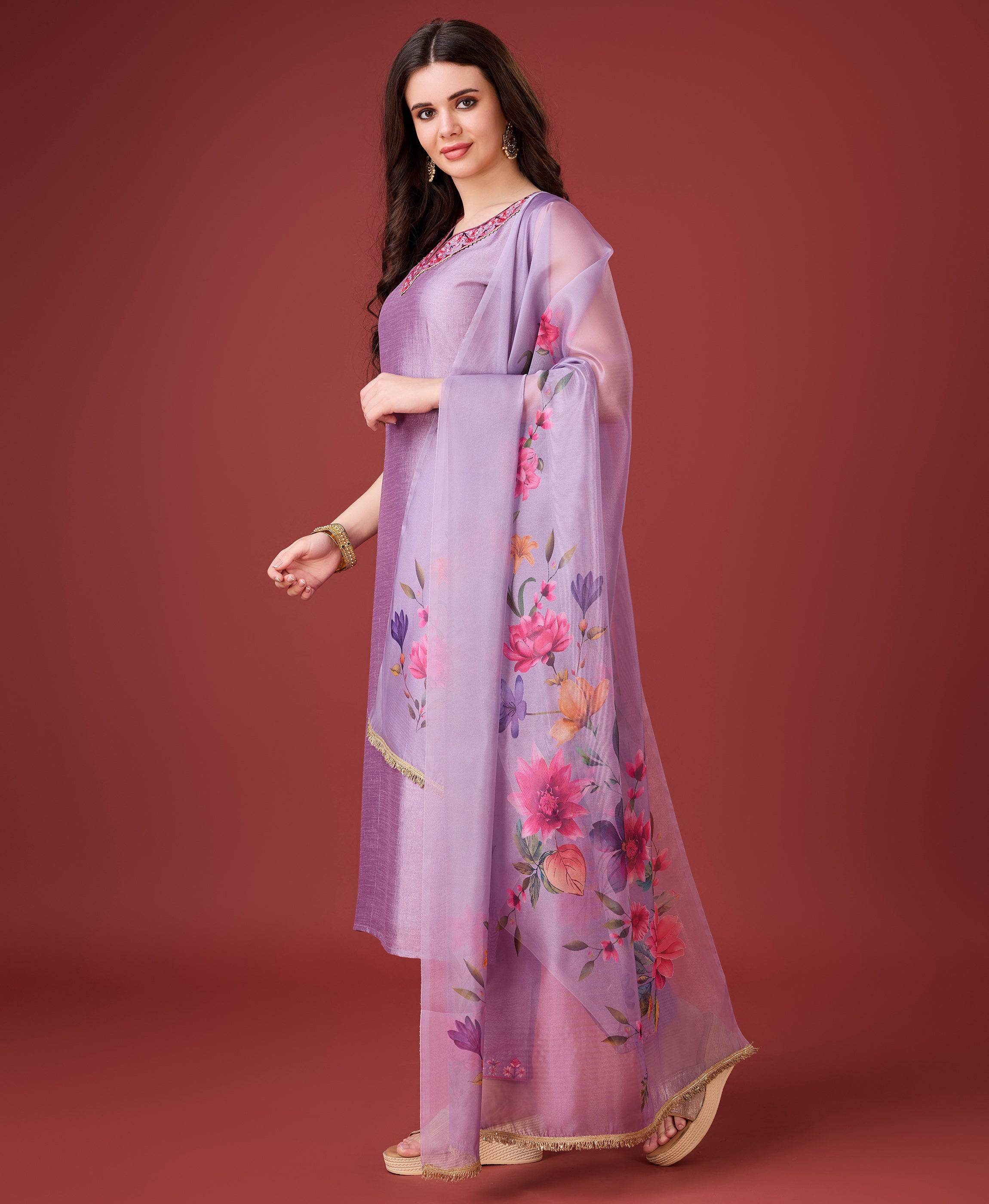 Her Couture Women's Lavender Vichitra Silk Embroidered Kurta With Pant & Dupatta