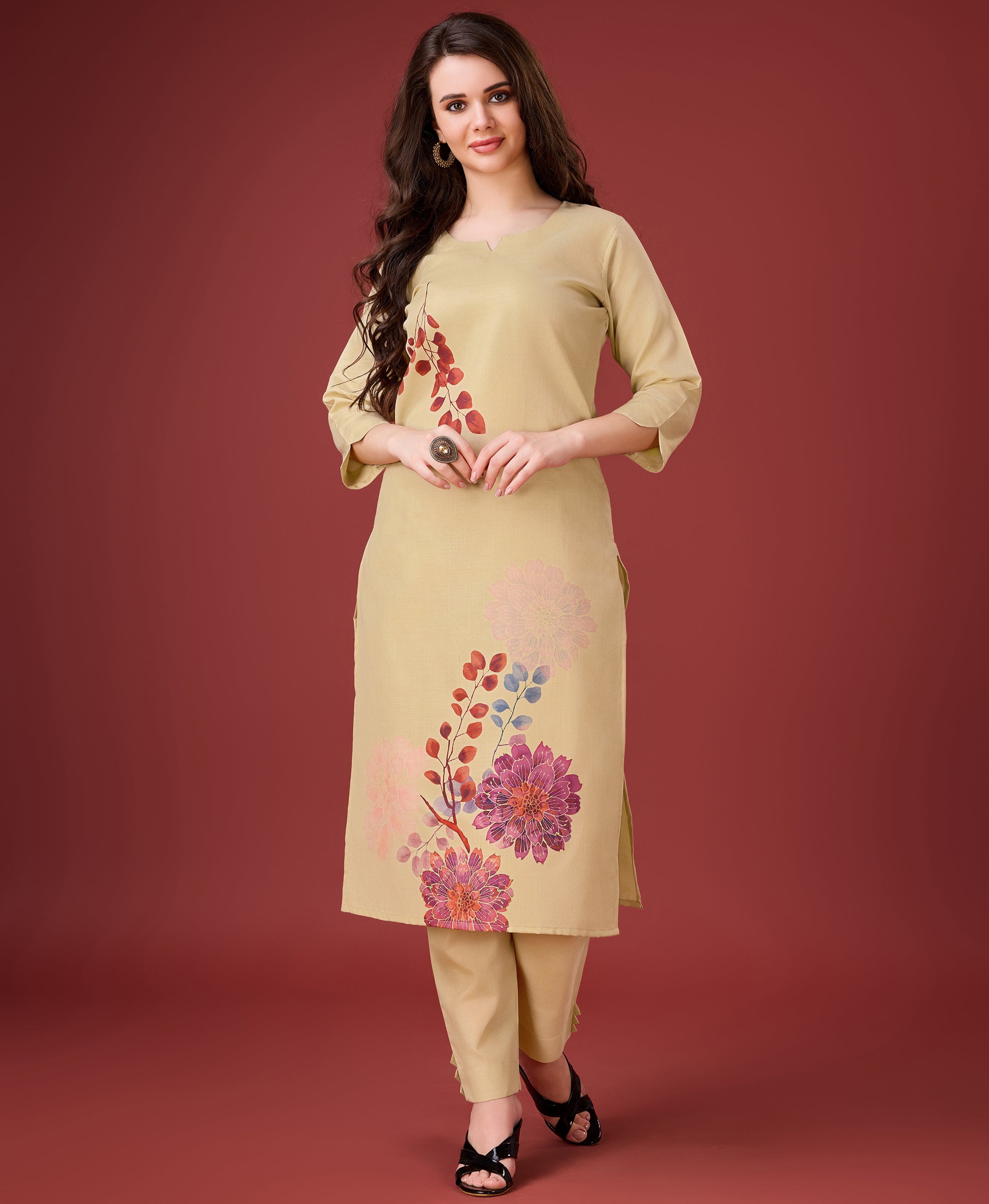 Her Couture Women's Beige Linen Botanical Print Kurta With Pant