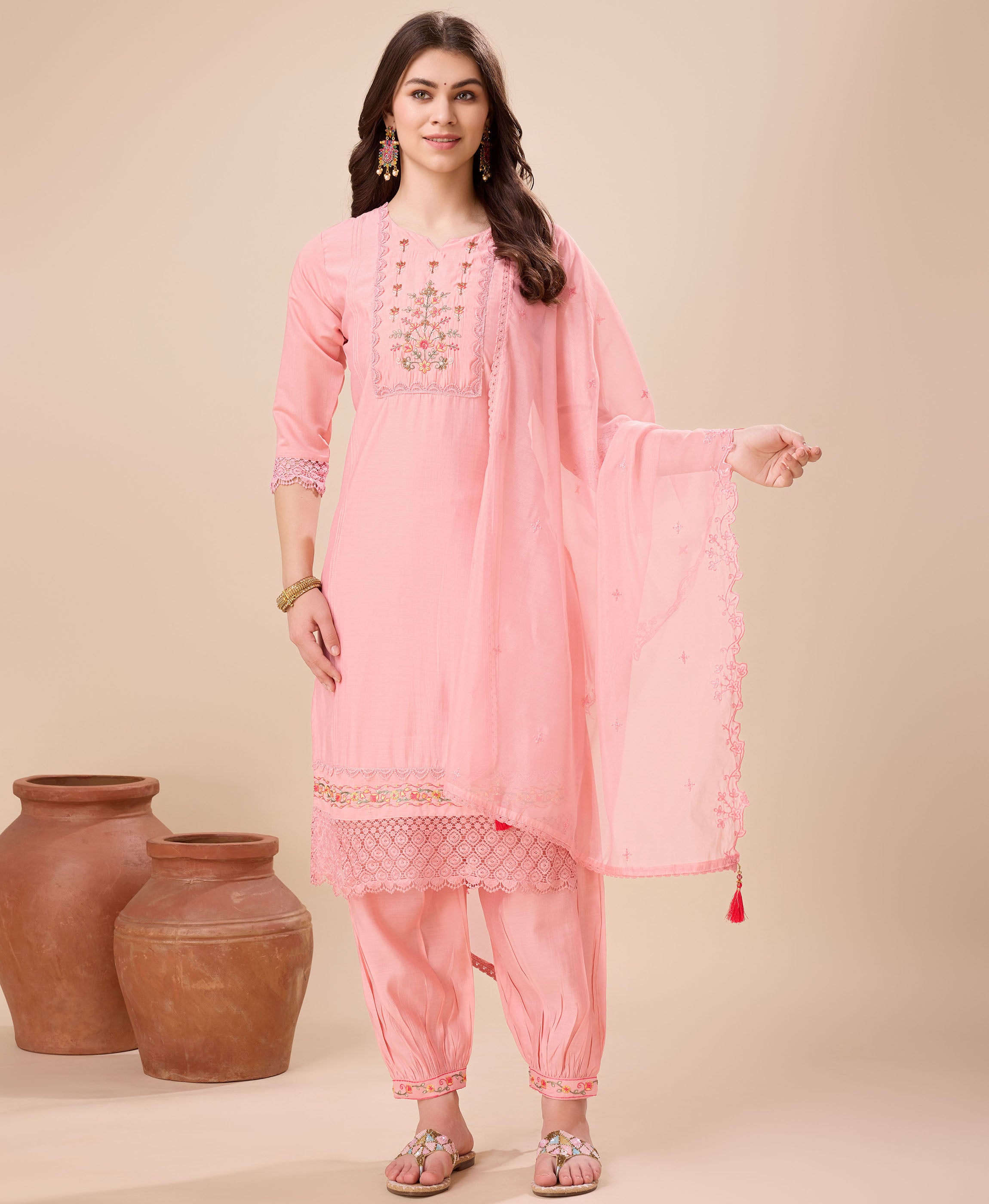 Her Couture Women's Peach Viscose Silk Embroidered Kurta With Afghani Salwar & Dupatta