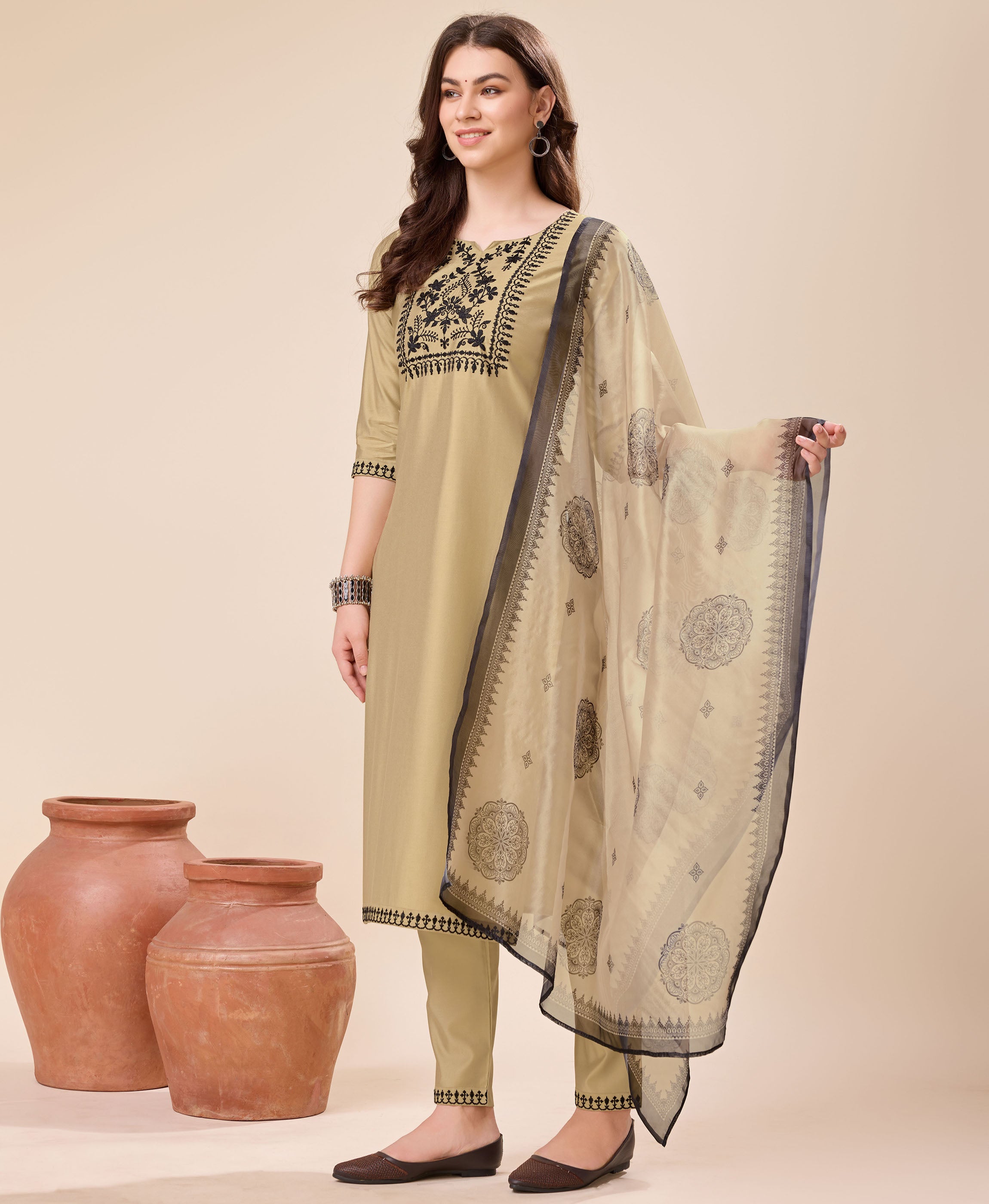 Her Couture Women's Beige Viscose Floral Embroidered Kurta With Pant & Dupatta