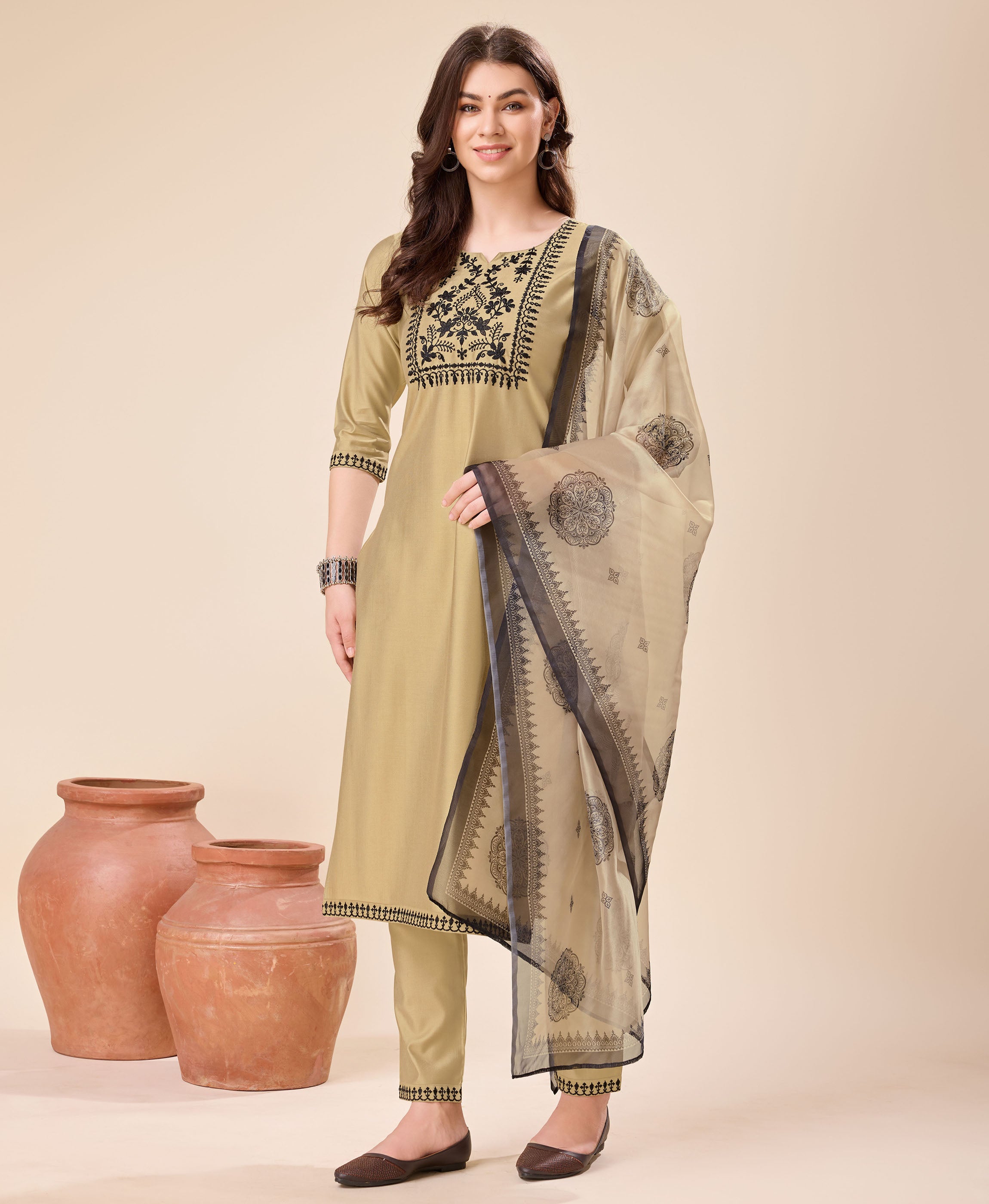 Beige Viscose Straight Festive & Party Kurta Set by Her Couture