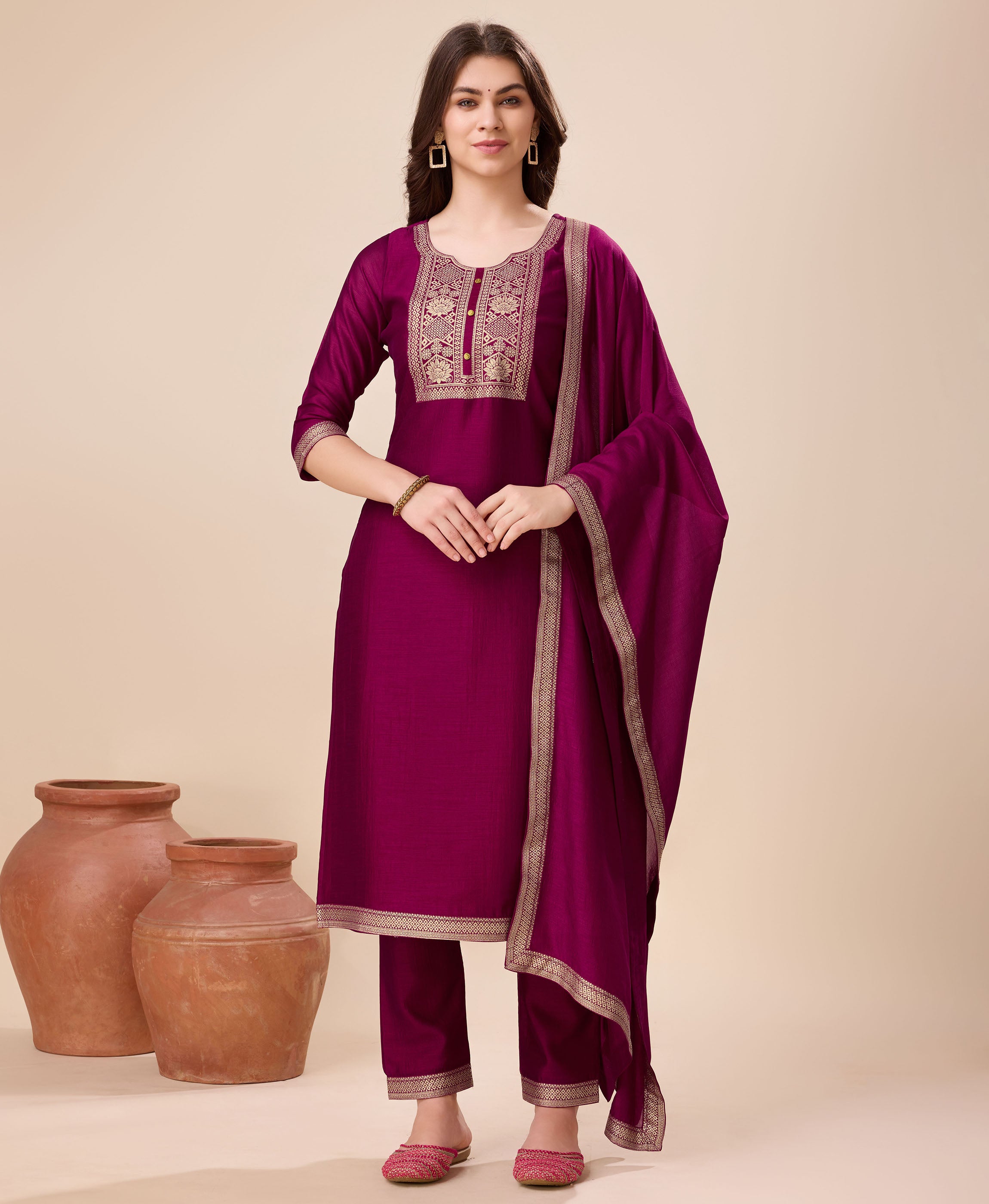 Burgundy Vichitra Silk Straight Party Kurta Set by Her Couture