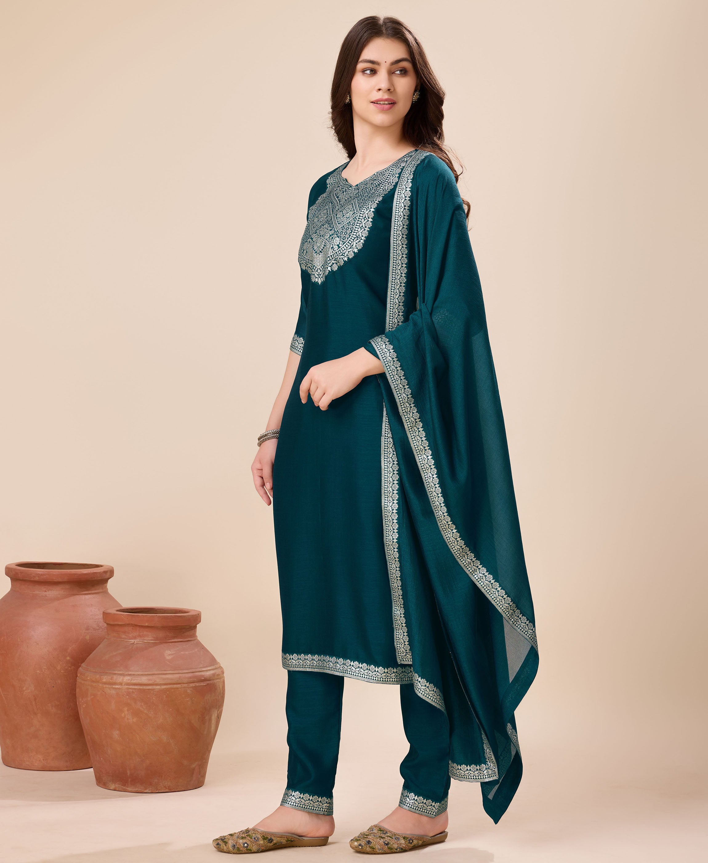 Her Couture Women's Teal Vichitra Silk Geometric Jacquard Kurta With Pant & Dupatta