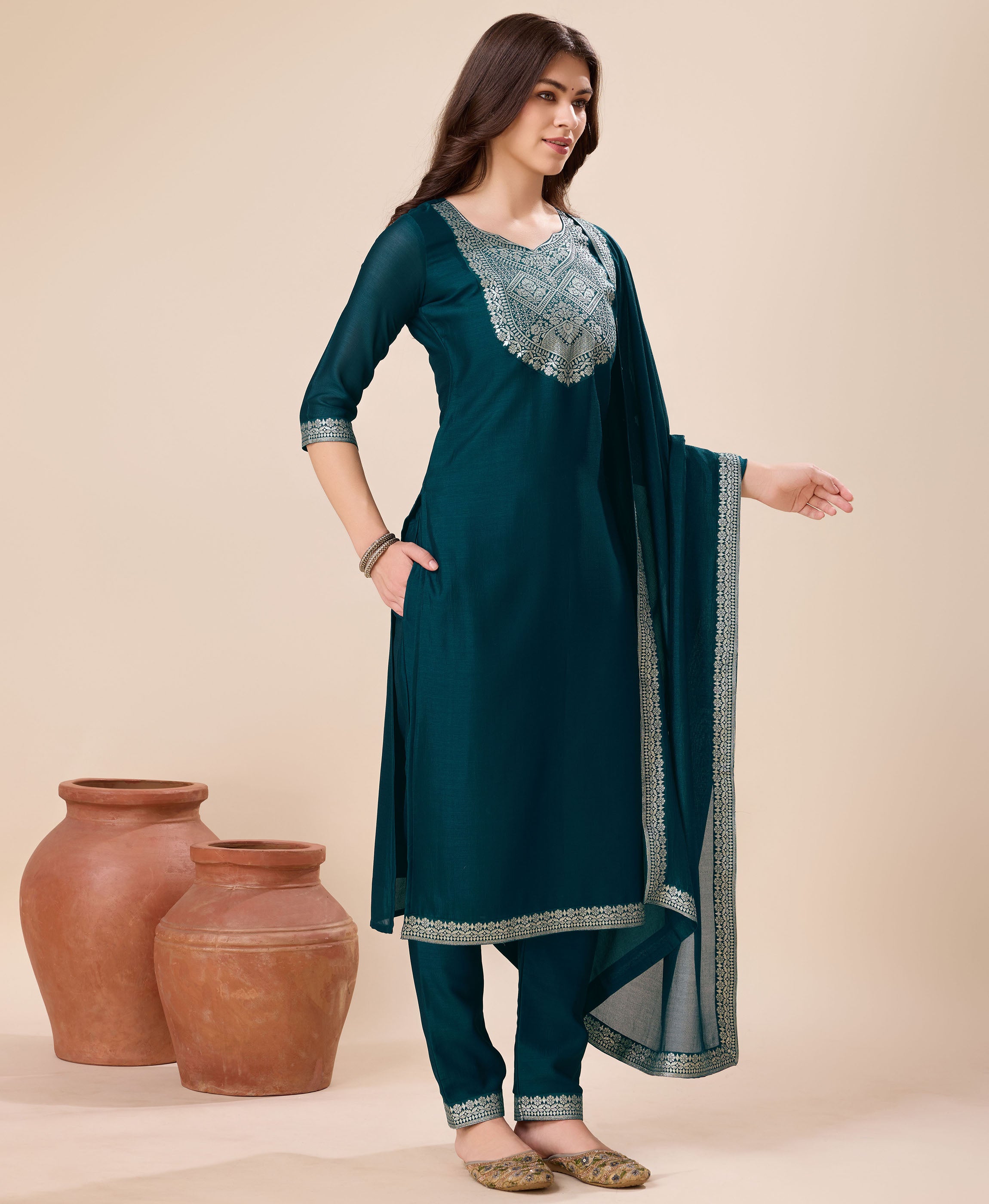 Her Couture Women's Teal Vichitra Silk Geometric Jacquard Kurta With Pant & Dupatta