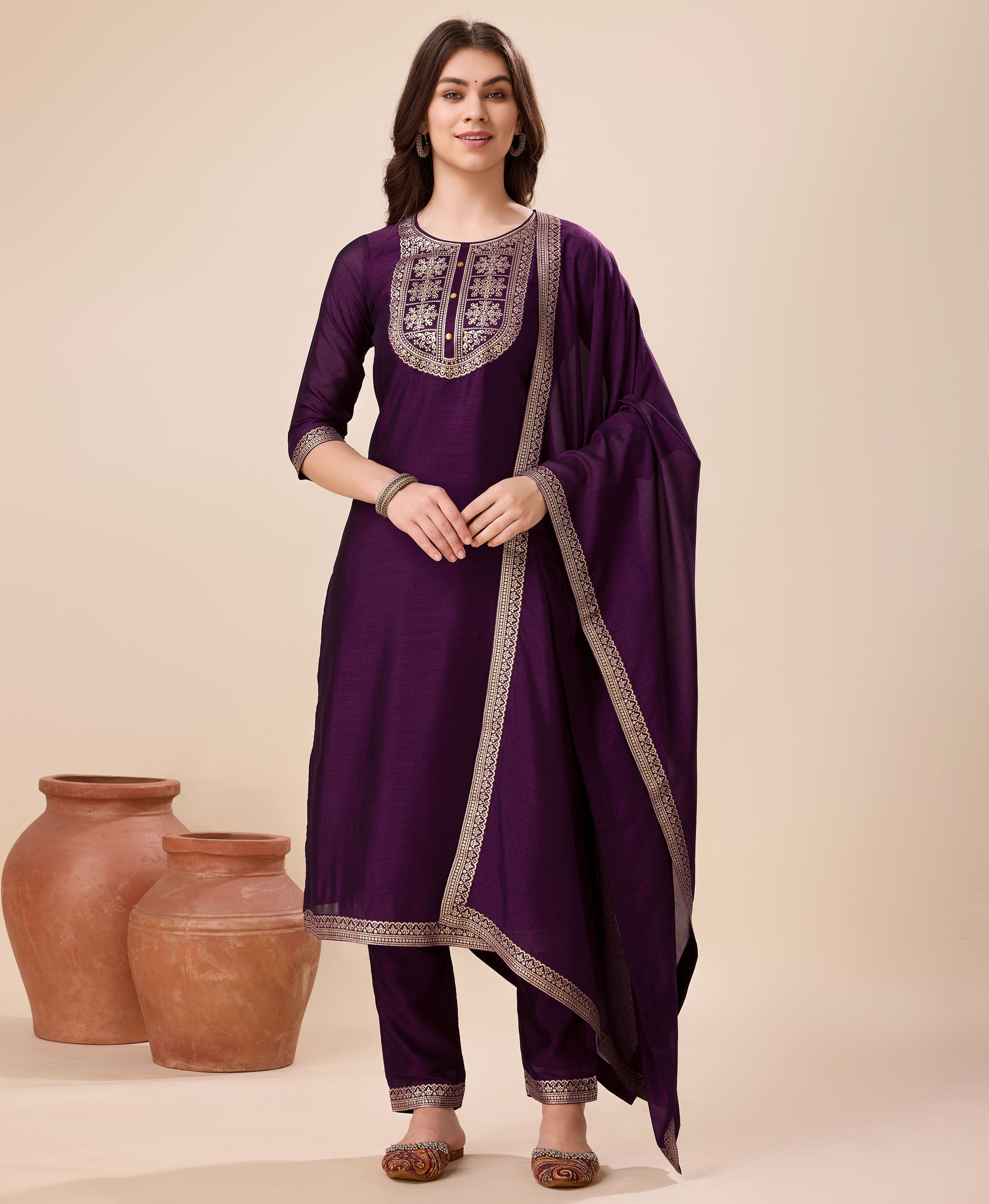 Purple Vichitra Silk Straight Party Kurta Set by Her Couture
