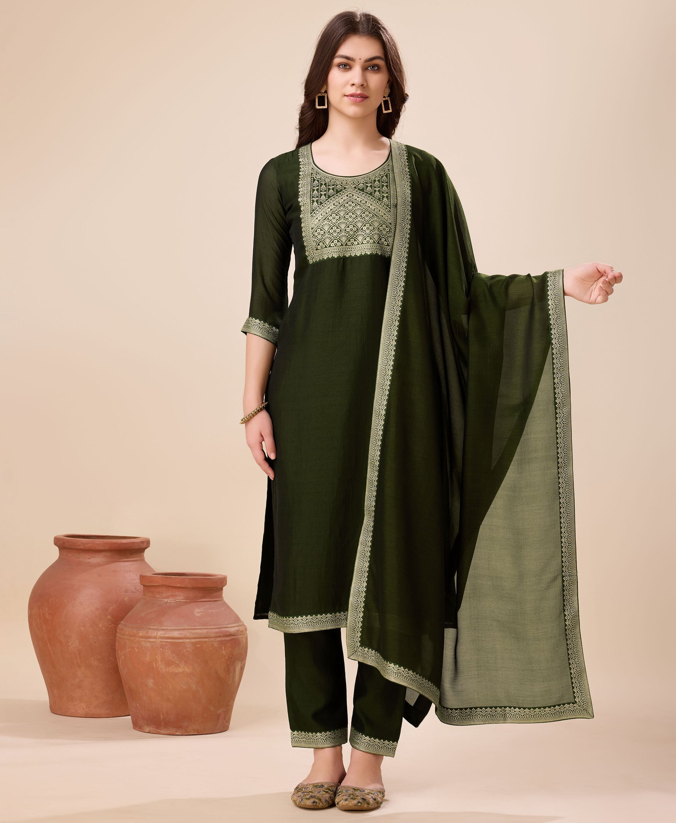 Olive Green Vichitra Silk Straight Party Kurta Set by Her Couture