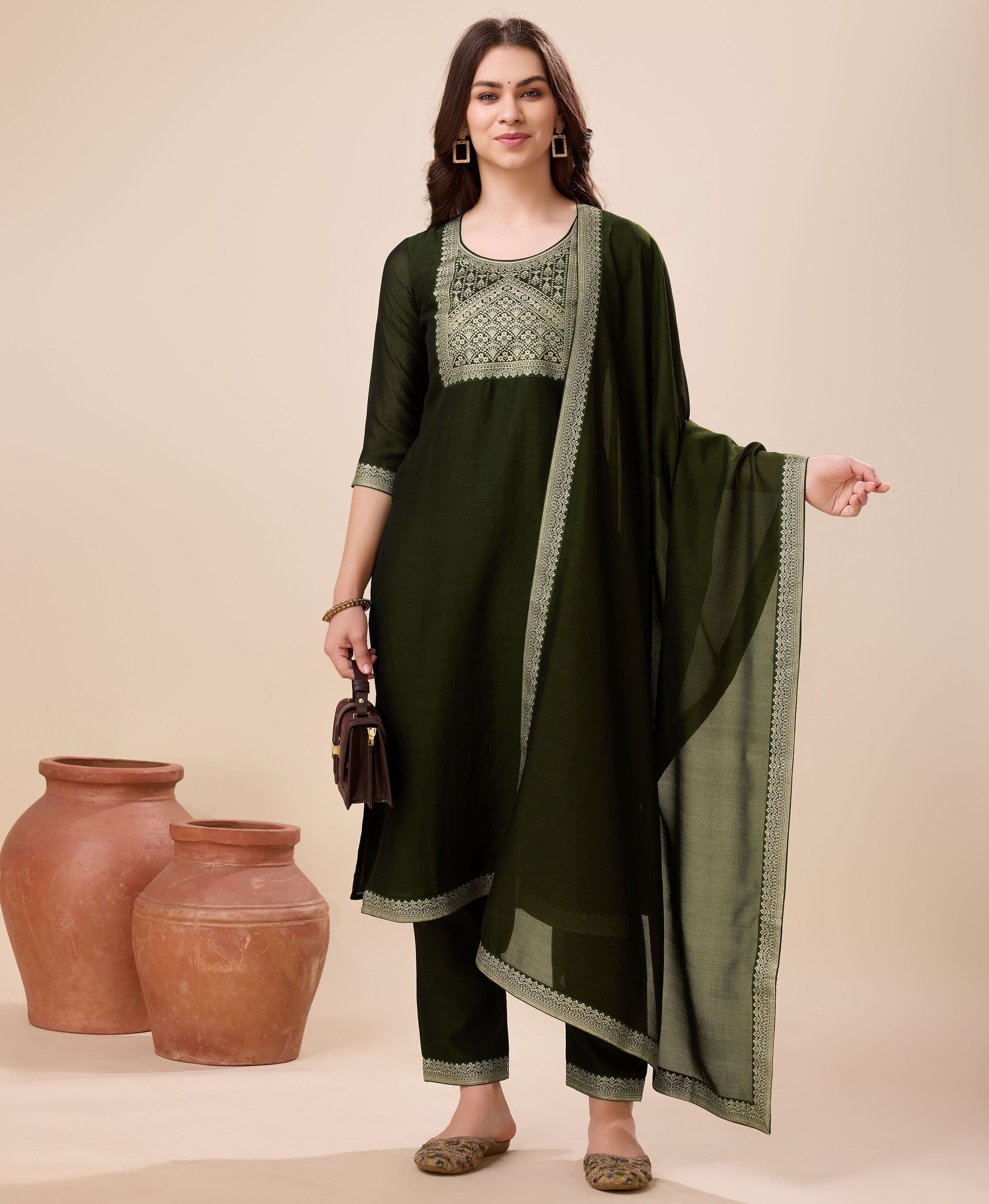 Her Couture Women's Olive Green Vichitra Silk Ethnic Motifs Jacquard Kurta With Pant & Dupatta