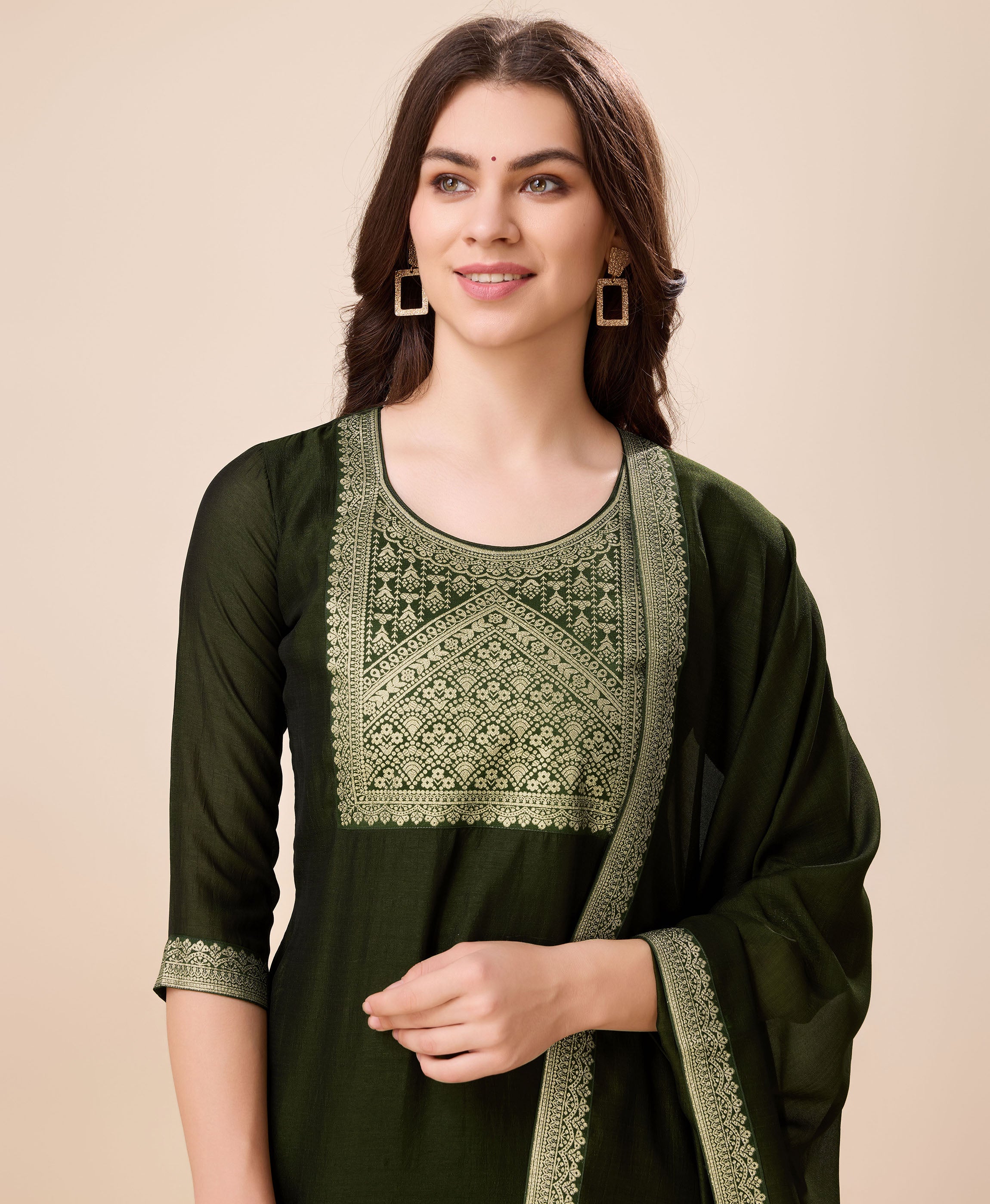 Her Couture Women's Olive Green Vichitra Silk Ethnic Motifs Jacquard Kurta With Pant & Dupatta