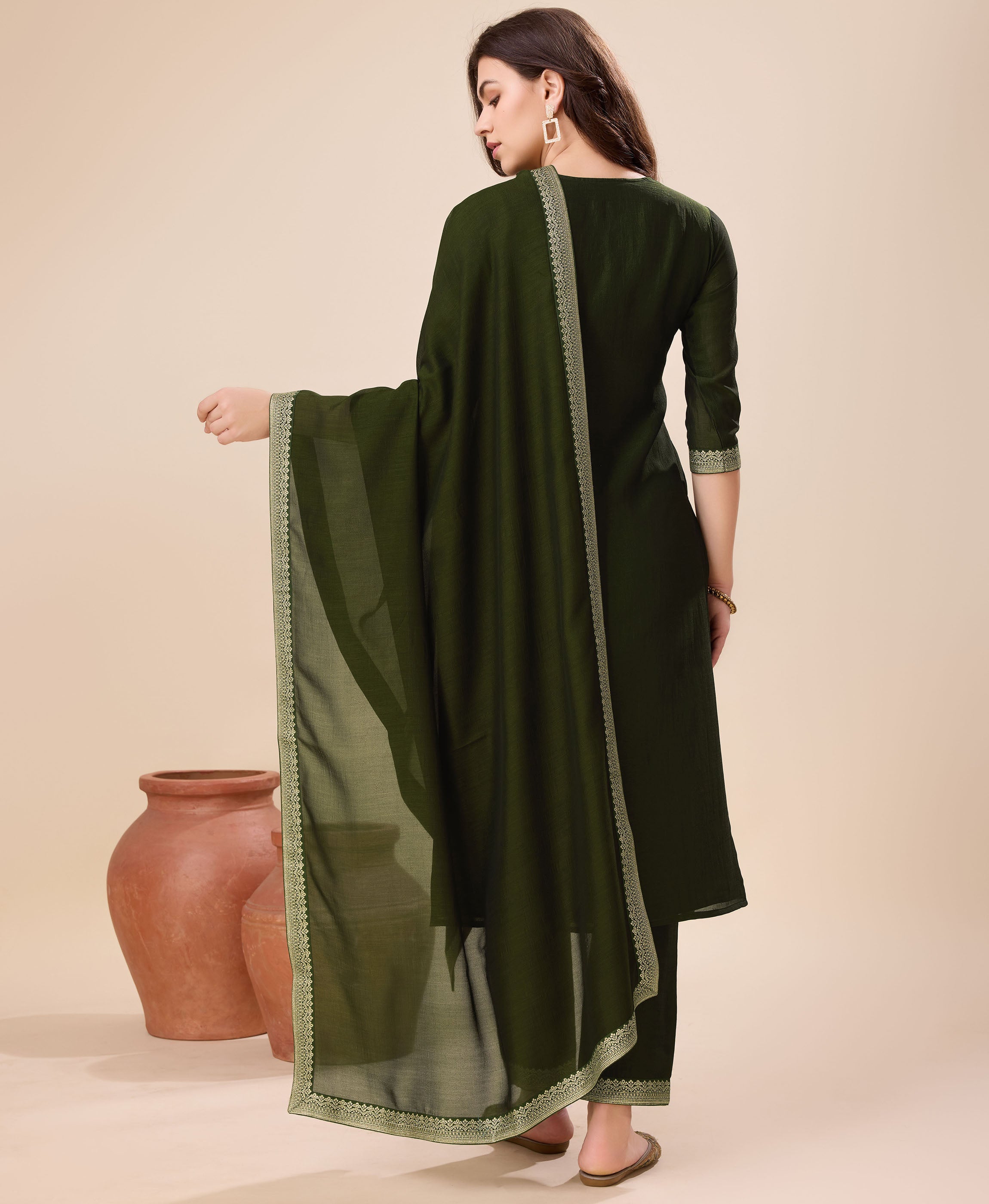 Her Couture Women's Olive Green Vichitra Silk Ethnic Motifs Jacquard Kurta With Pant & Dupatta