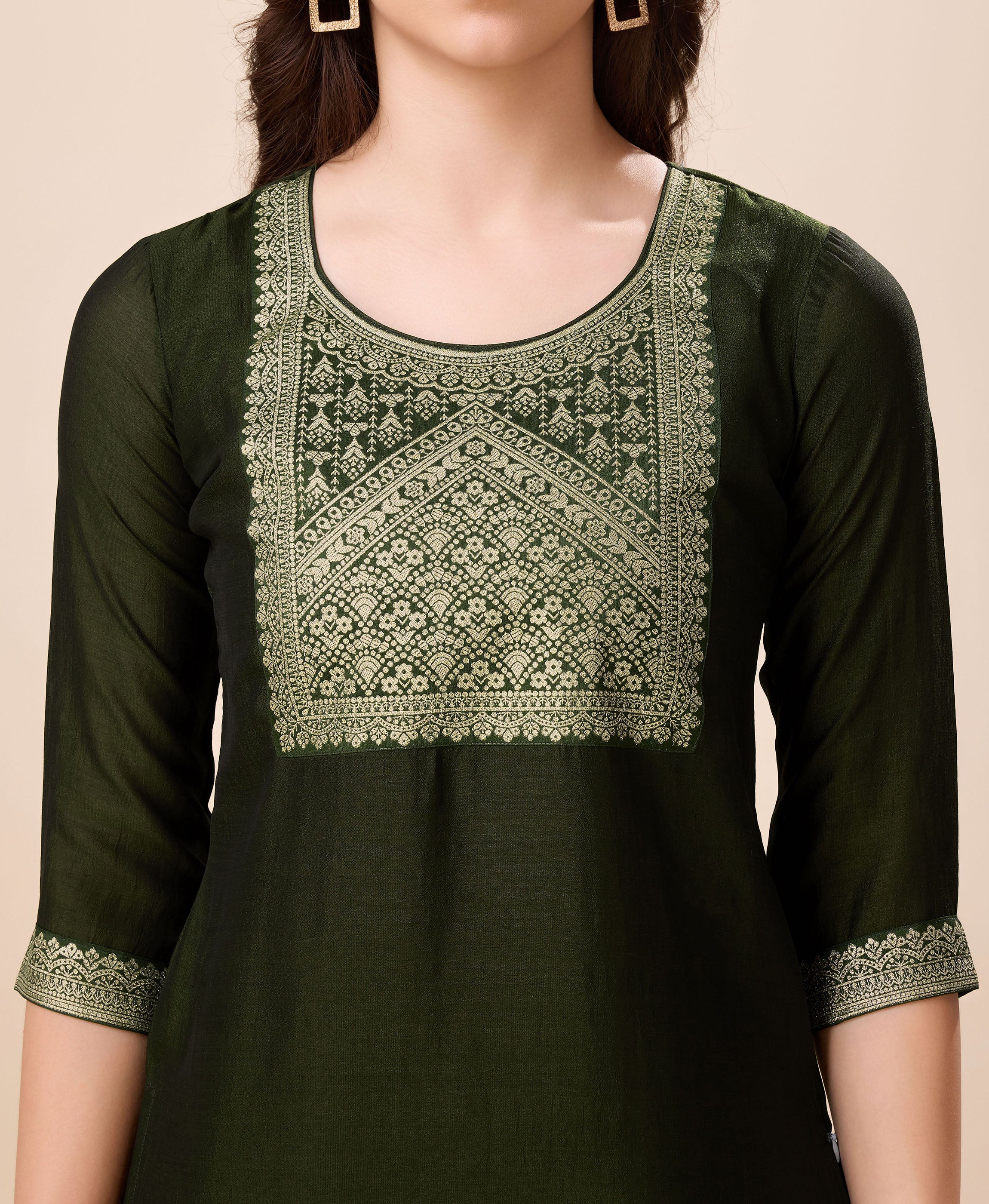Her Couture Women's Olive Green Vichitra Silk Ethnic Motifs Jacquard Kurta With Pant & Dupatta