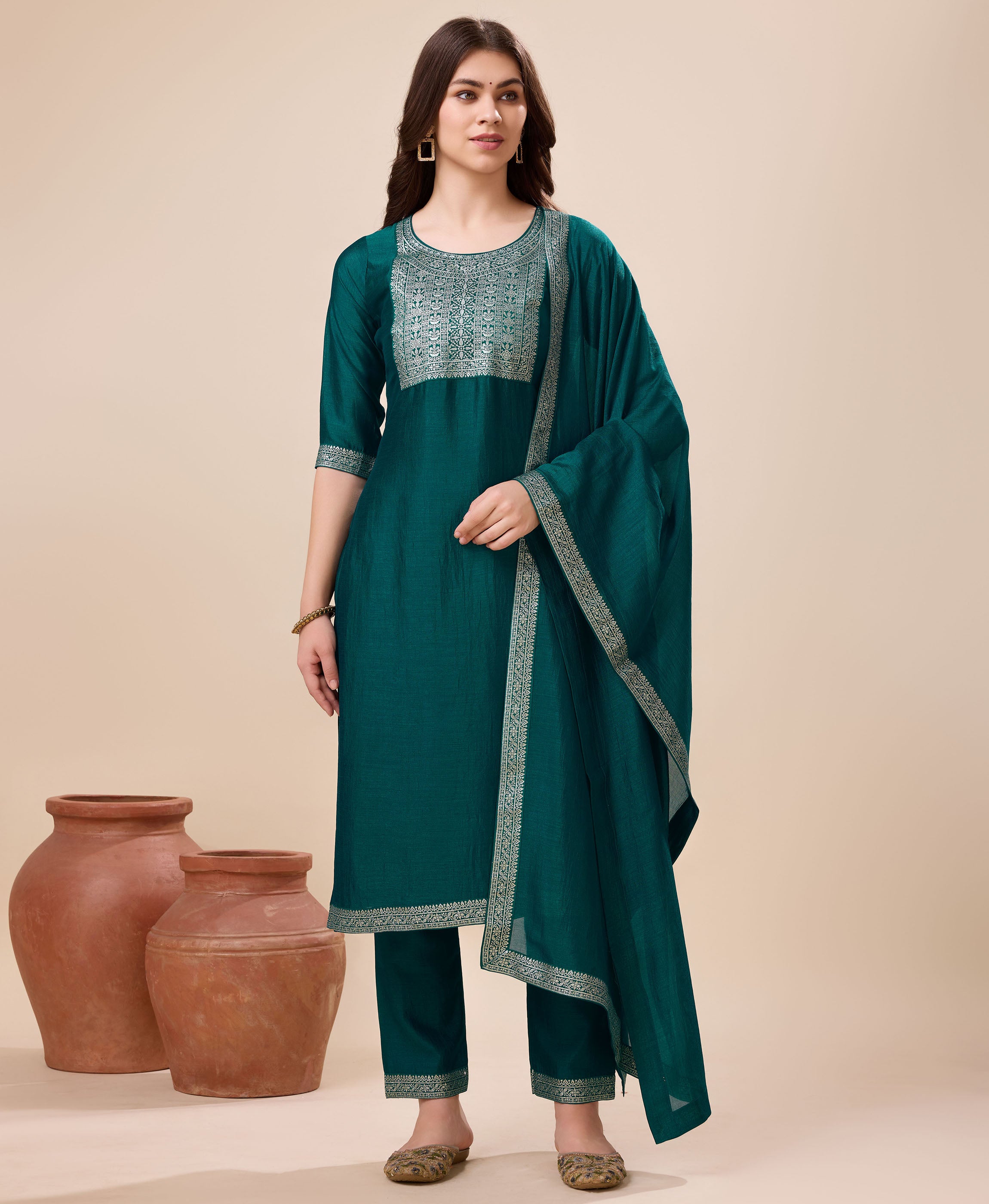 Green Vichitra Silk Straight Party Kurta Set by Her Couture