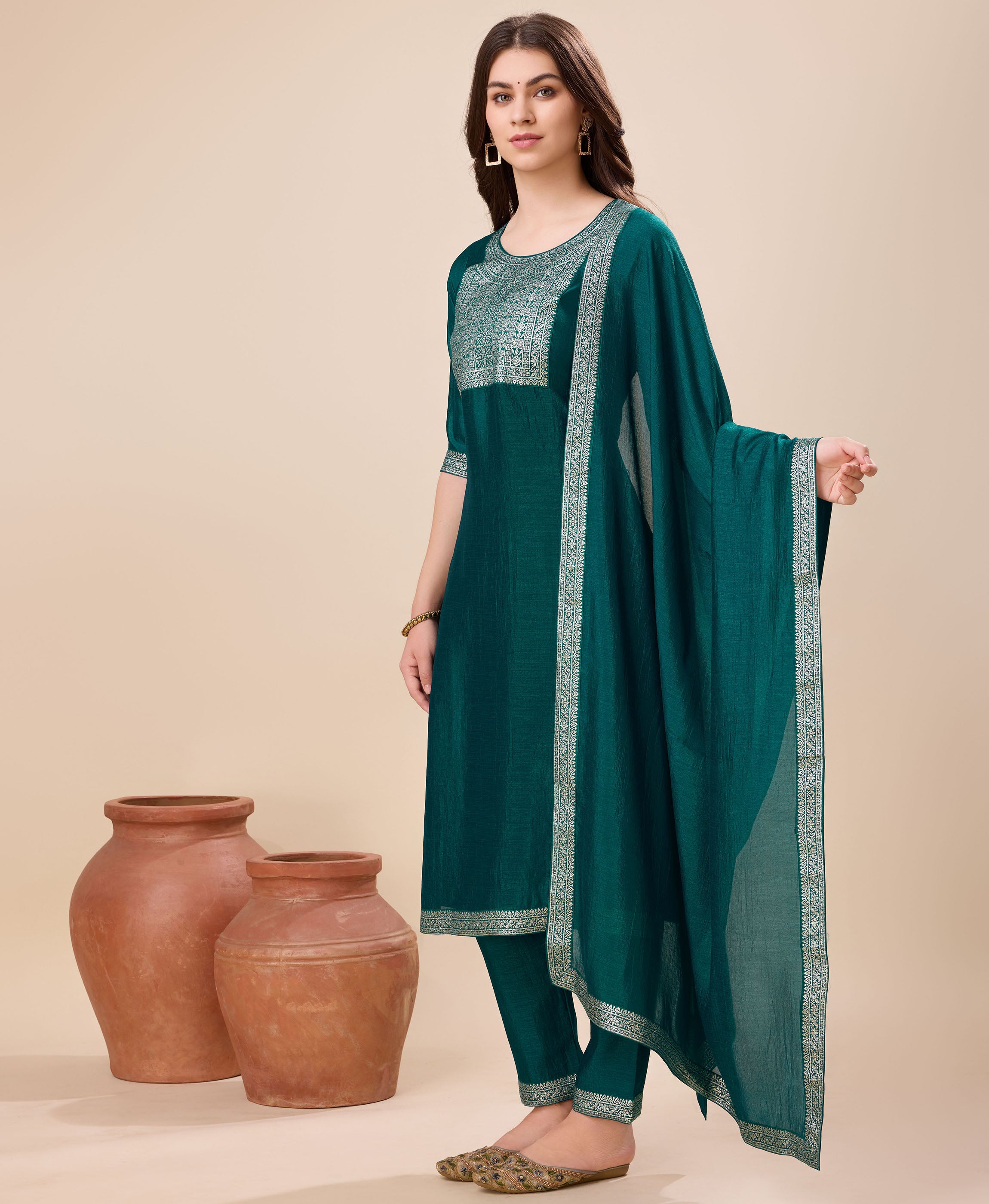 Her Couture Women's Green Vichitra Silk Floral Jacquard Kurta With Pant & Dupatta