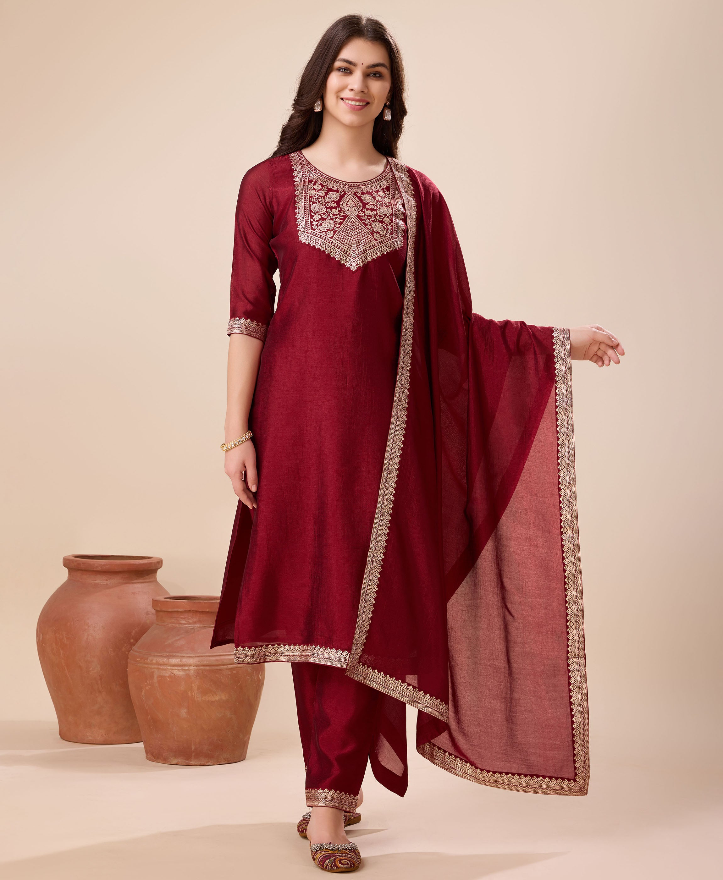 Maroon Vichitra Silk Straight Party Kurta Set by Her Couture