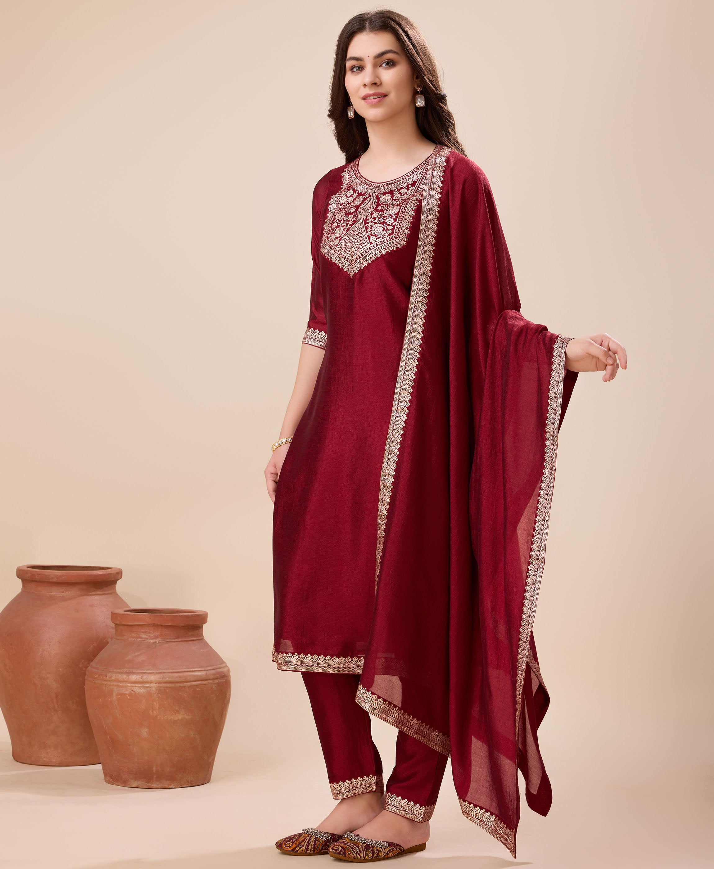 Her Couture Women's Maroon Vichitra Silk Geometric Jacquard Kurta With Pant & Dupatta