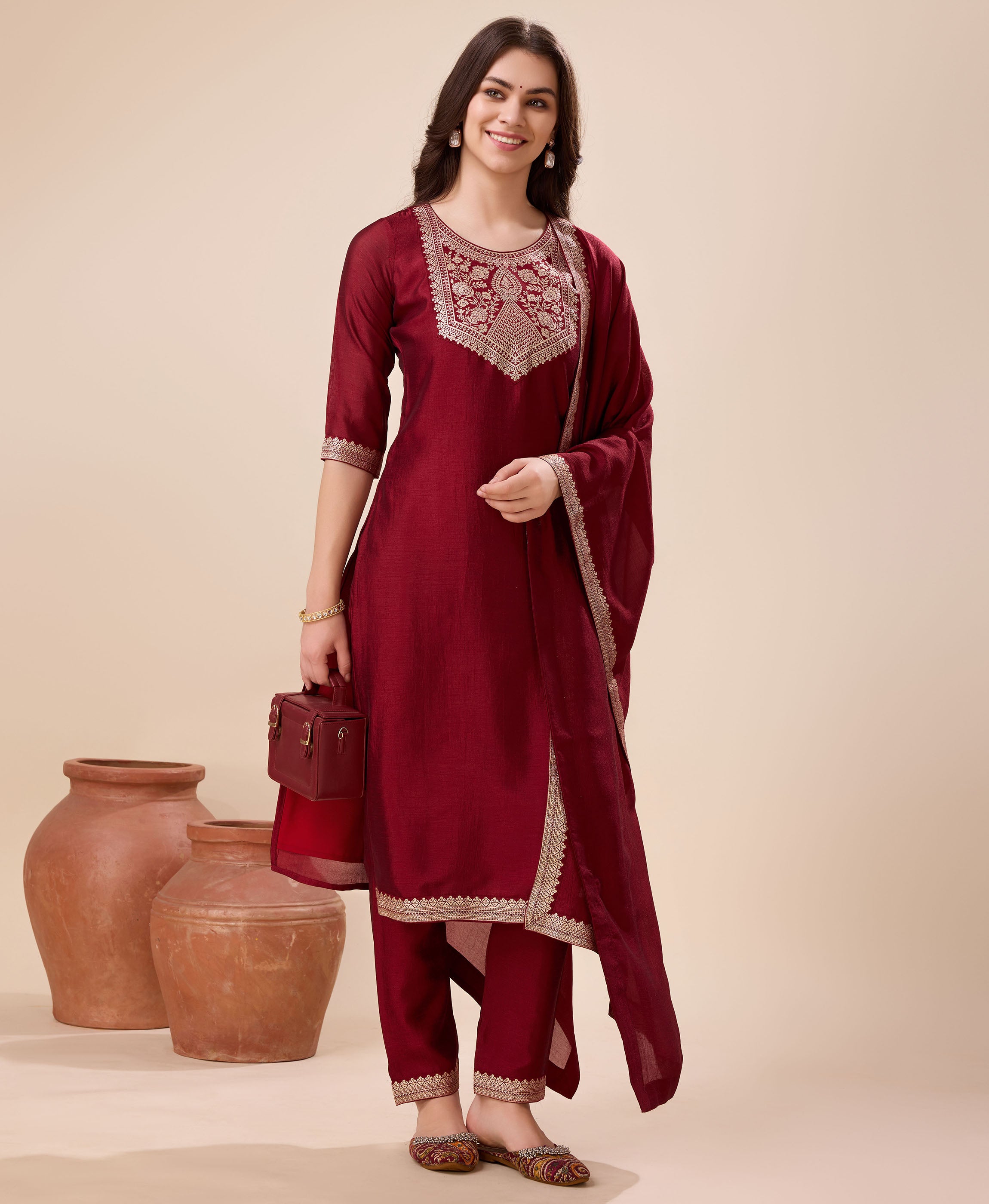 Her Couture Women's Maroon Vichitra Silk Geometric Jacquard Kurta With Pant & Dupatta