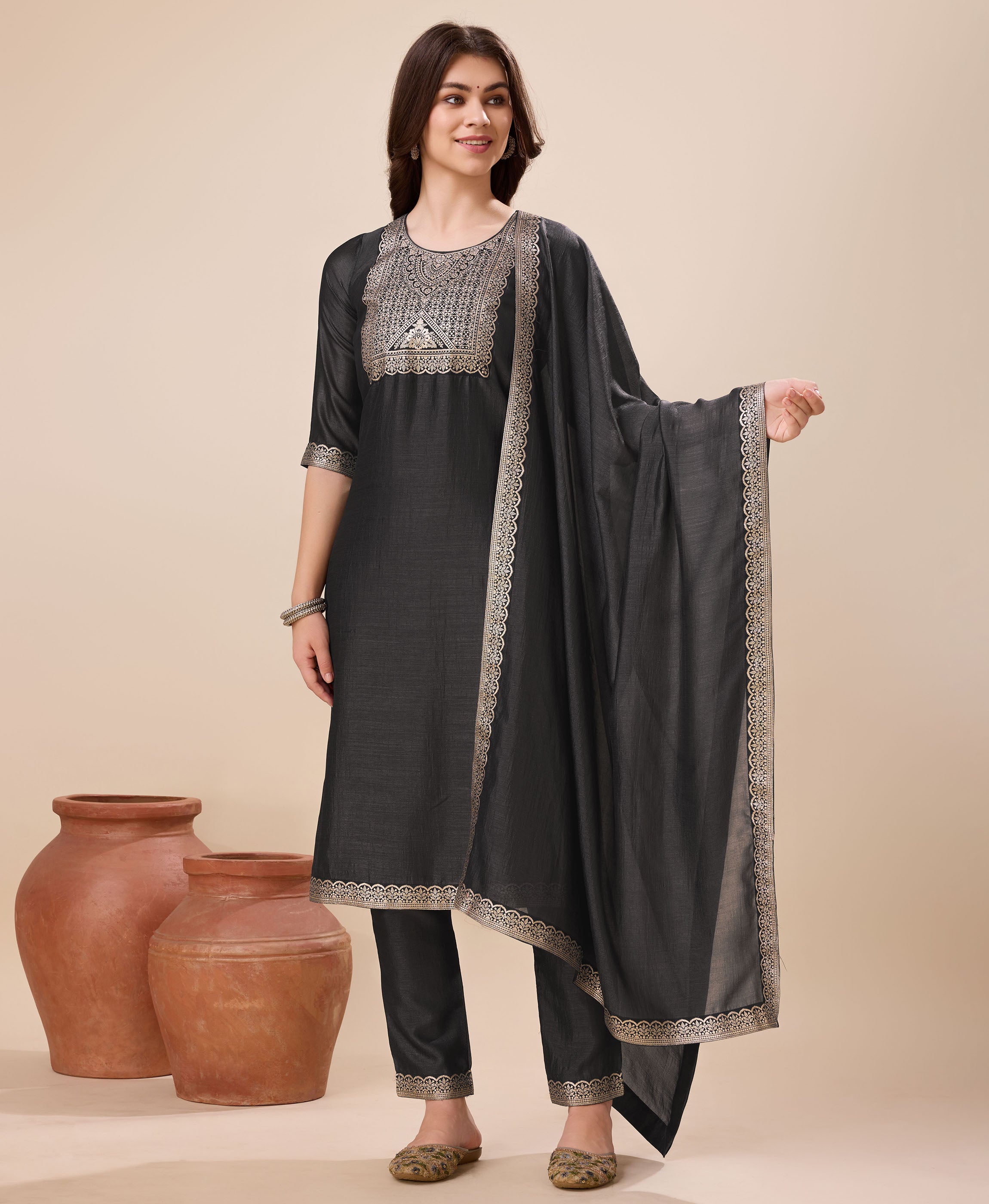 Grey Vichitra Silk Straight Party Kurta Set by Her Couture