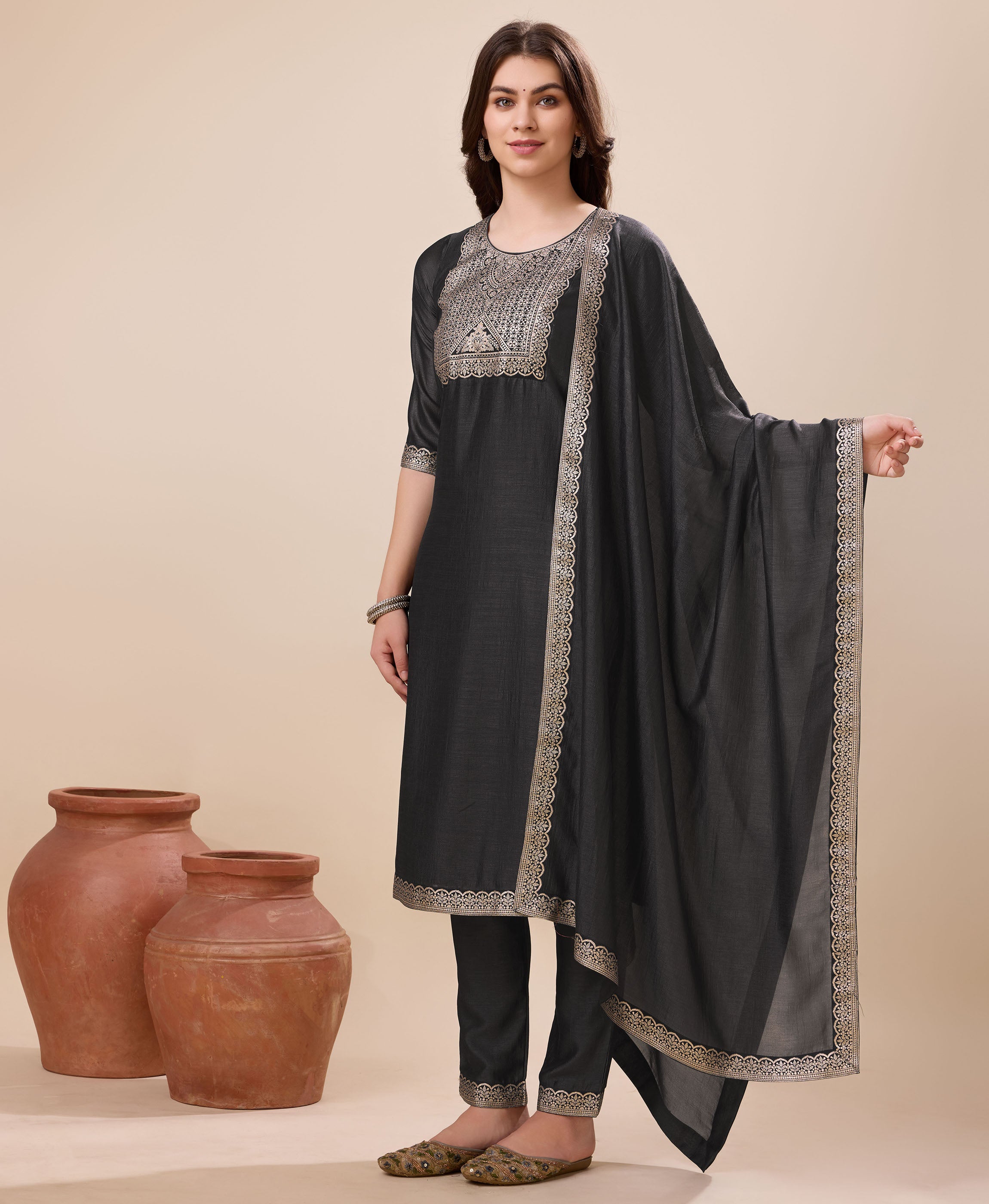Her Couture Women's Grey Vichitra Silk Geometric Jacquard Kurta With Pant & Dupatta