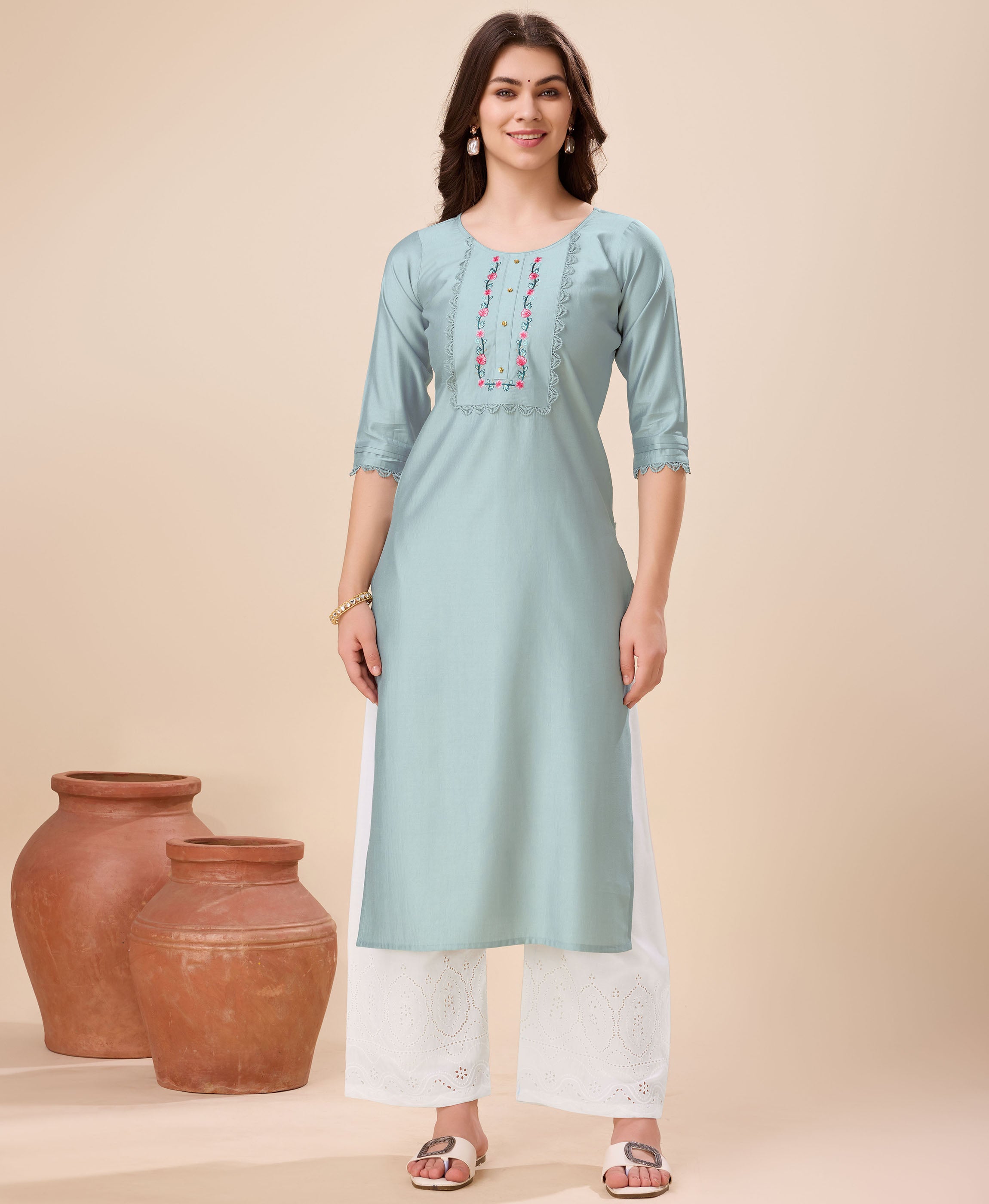 Grey Viscose Embroidered Casual Kurta by Her Couture