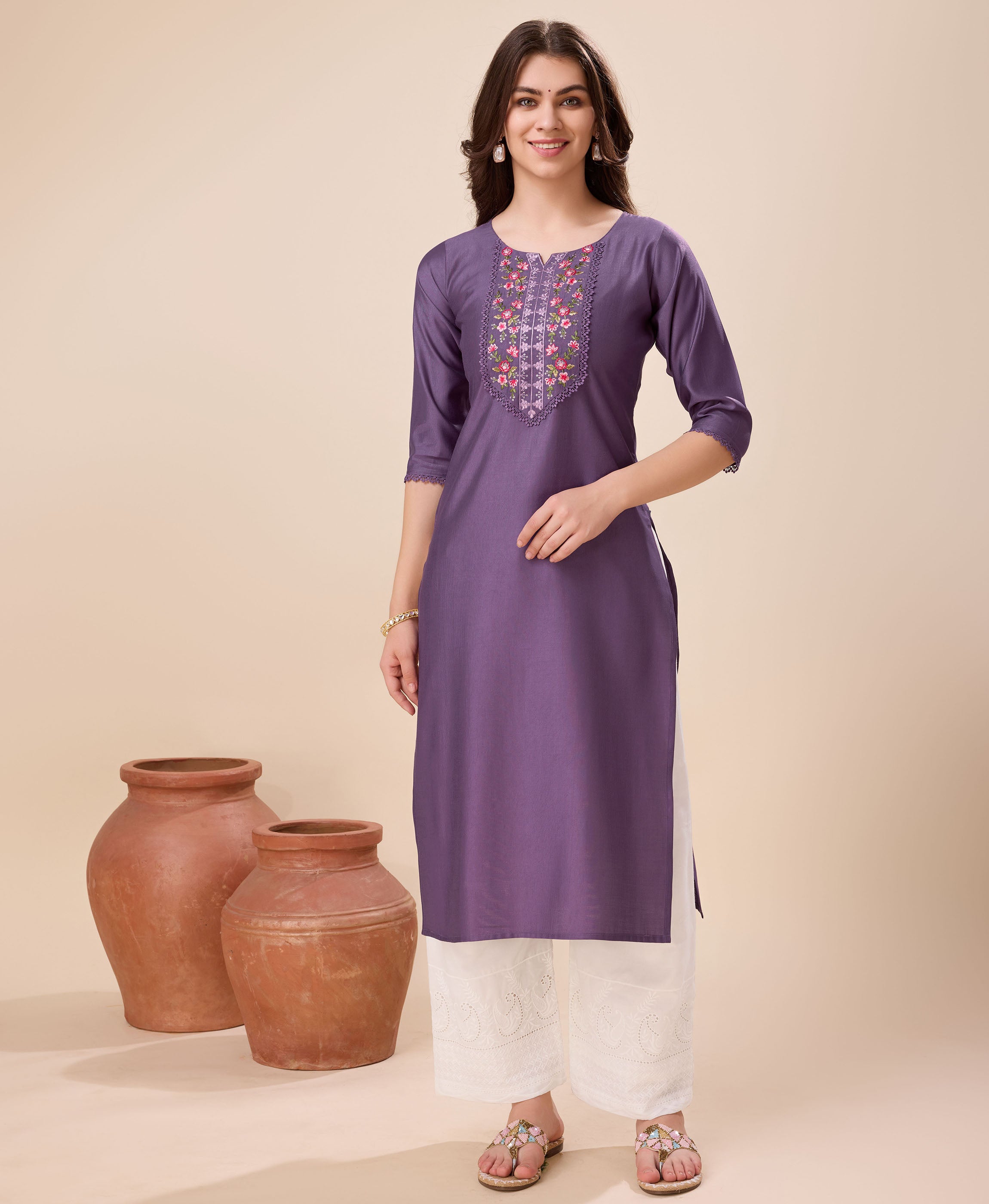 Mauve Viscose Embroidered Casual Kurta by Her Couture