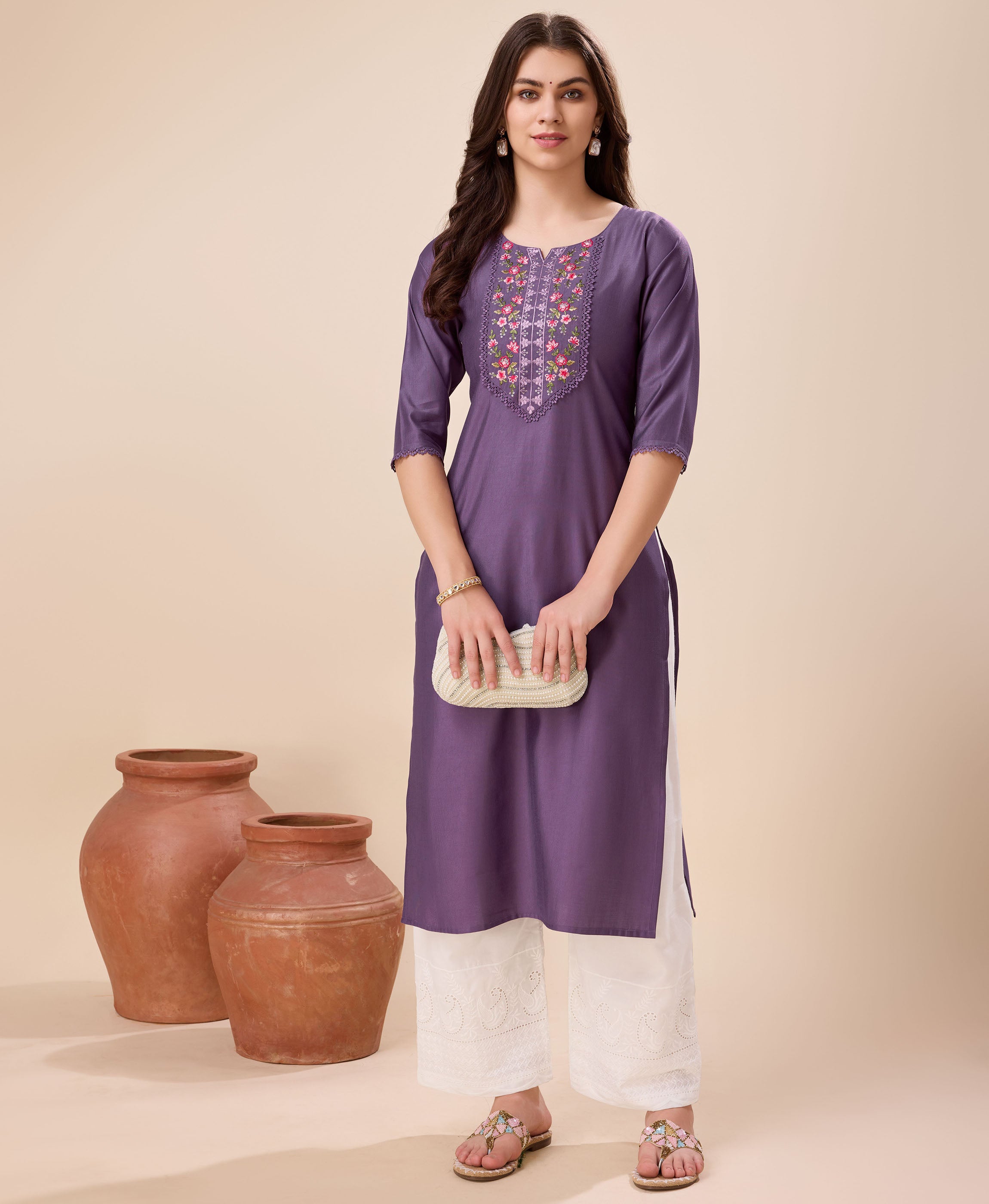 Her Couture Women's Mauve Viscose Floral Embroidered Straight Kurta
