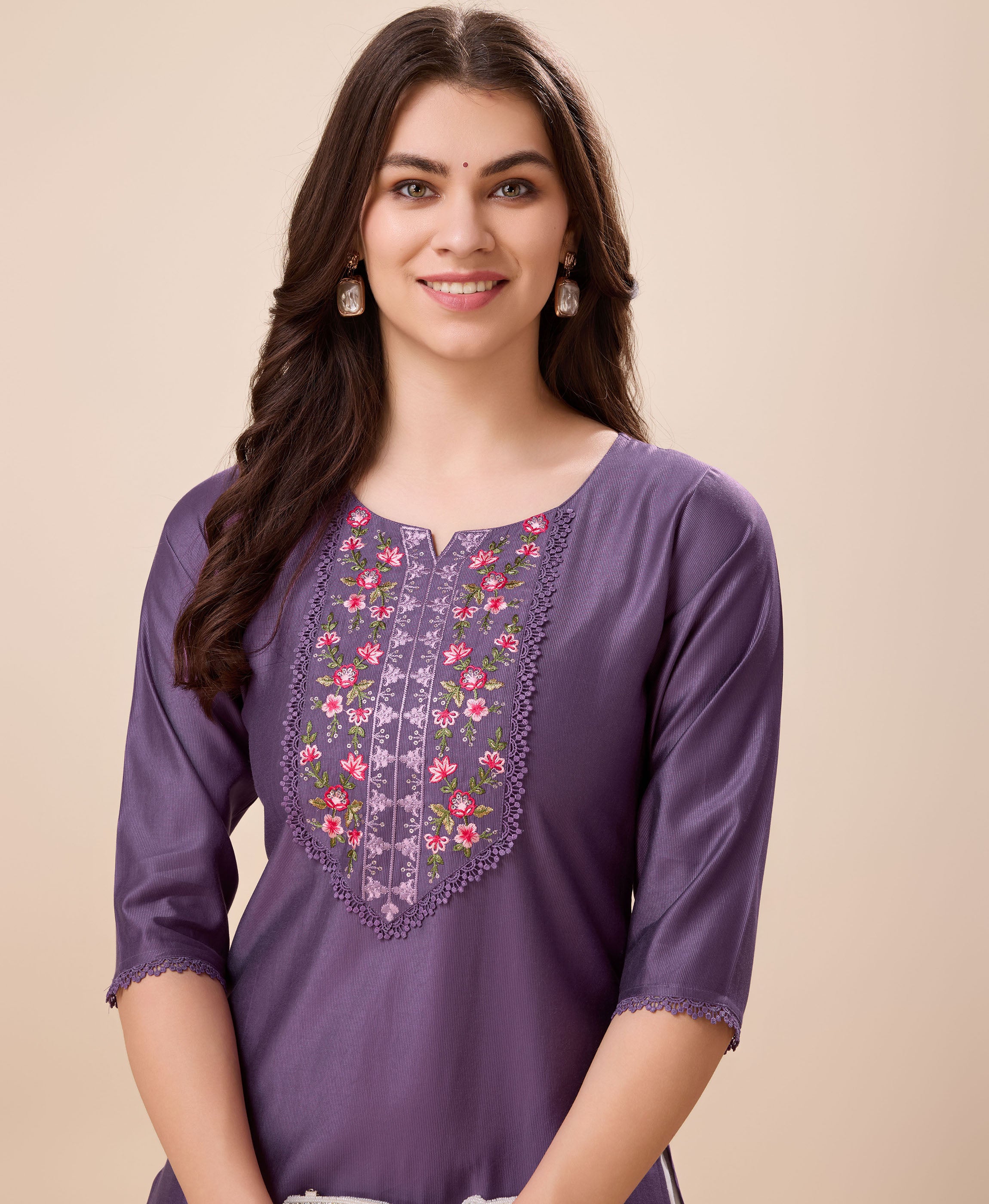 Her Couture Women's Mauve Viscose Floral Embroidered Straight Kurta