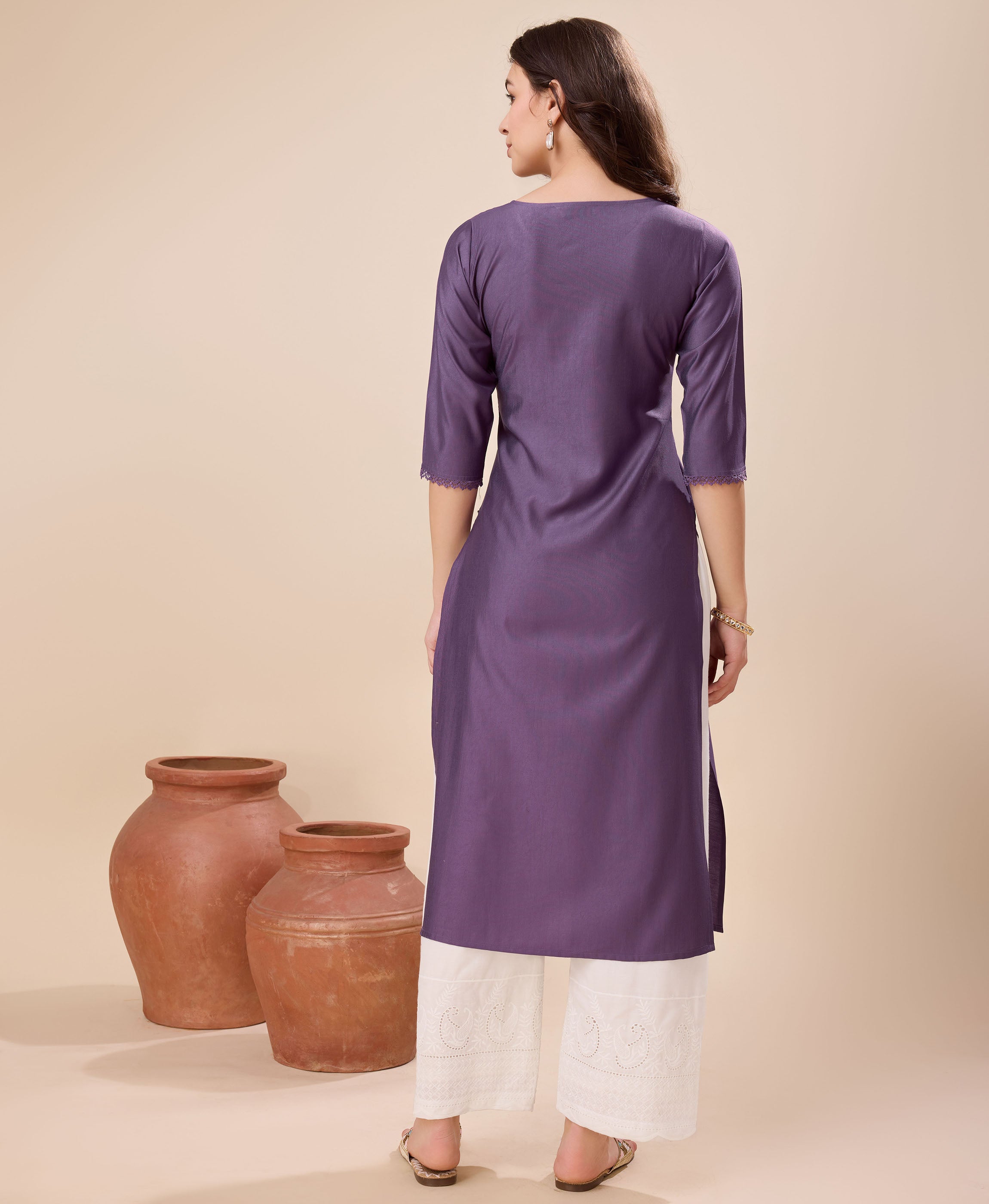 Her Couture Women's Mauve Viscose Floral Embroidered Straight Kurta