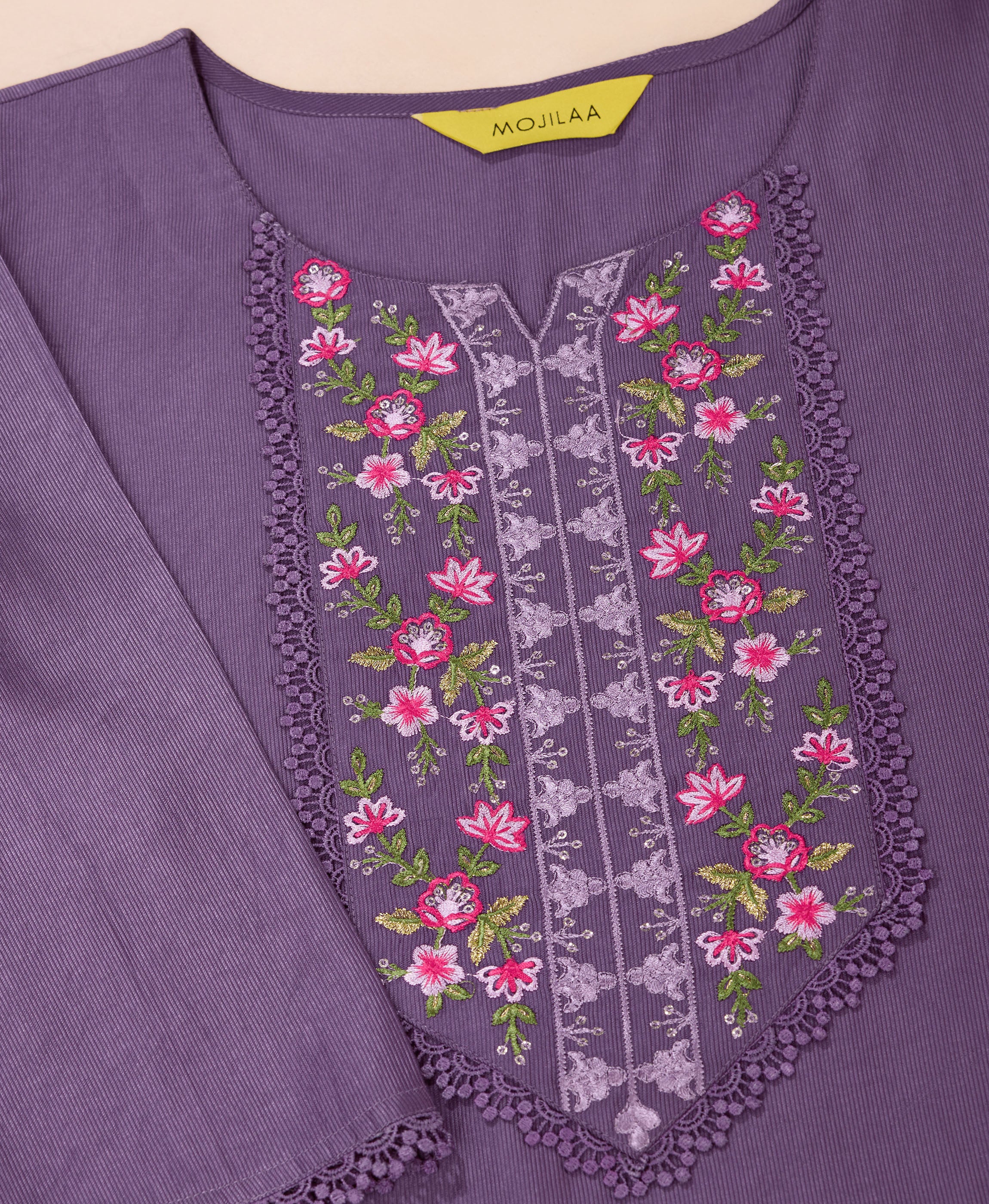 Her Couture Women's Mauve Viscose Floral Embroidered Straight Kurta