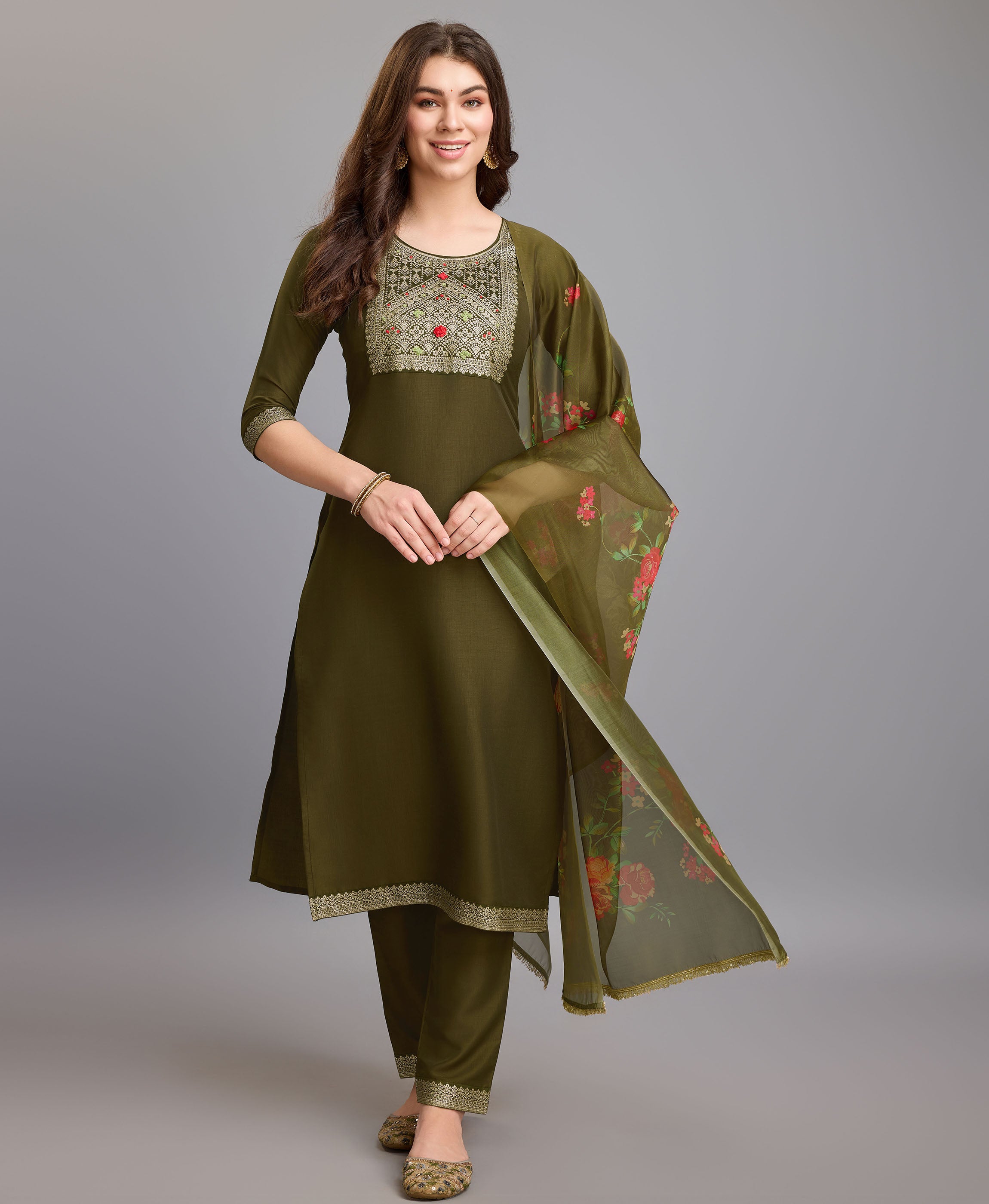 Green Chinon Silk Straight Party Kurta Set by Her Couture