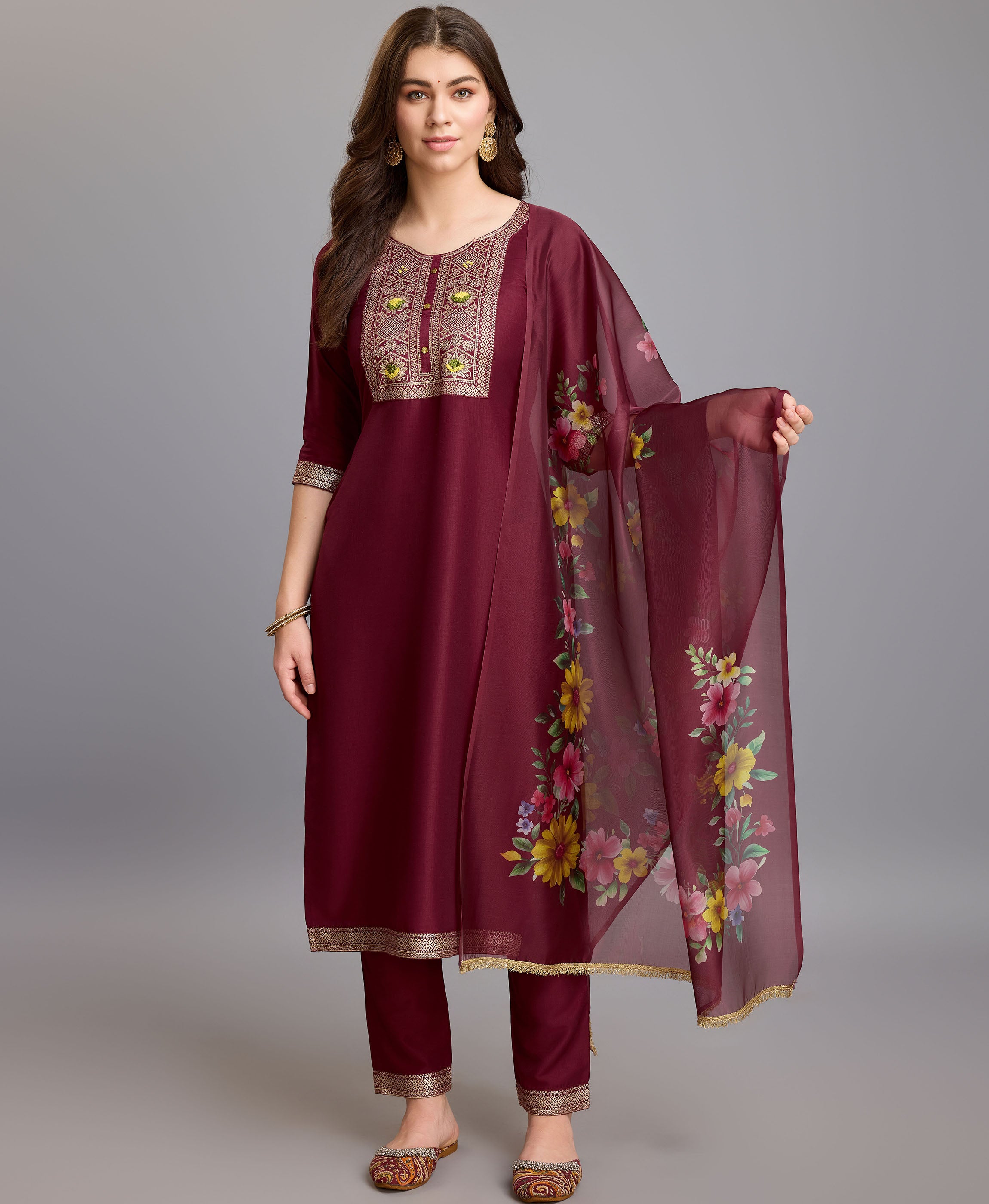 Maroon Chinon Silk Straight Party Kurta Set by Her Couture