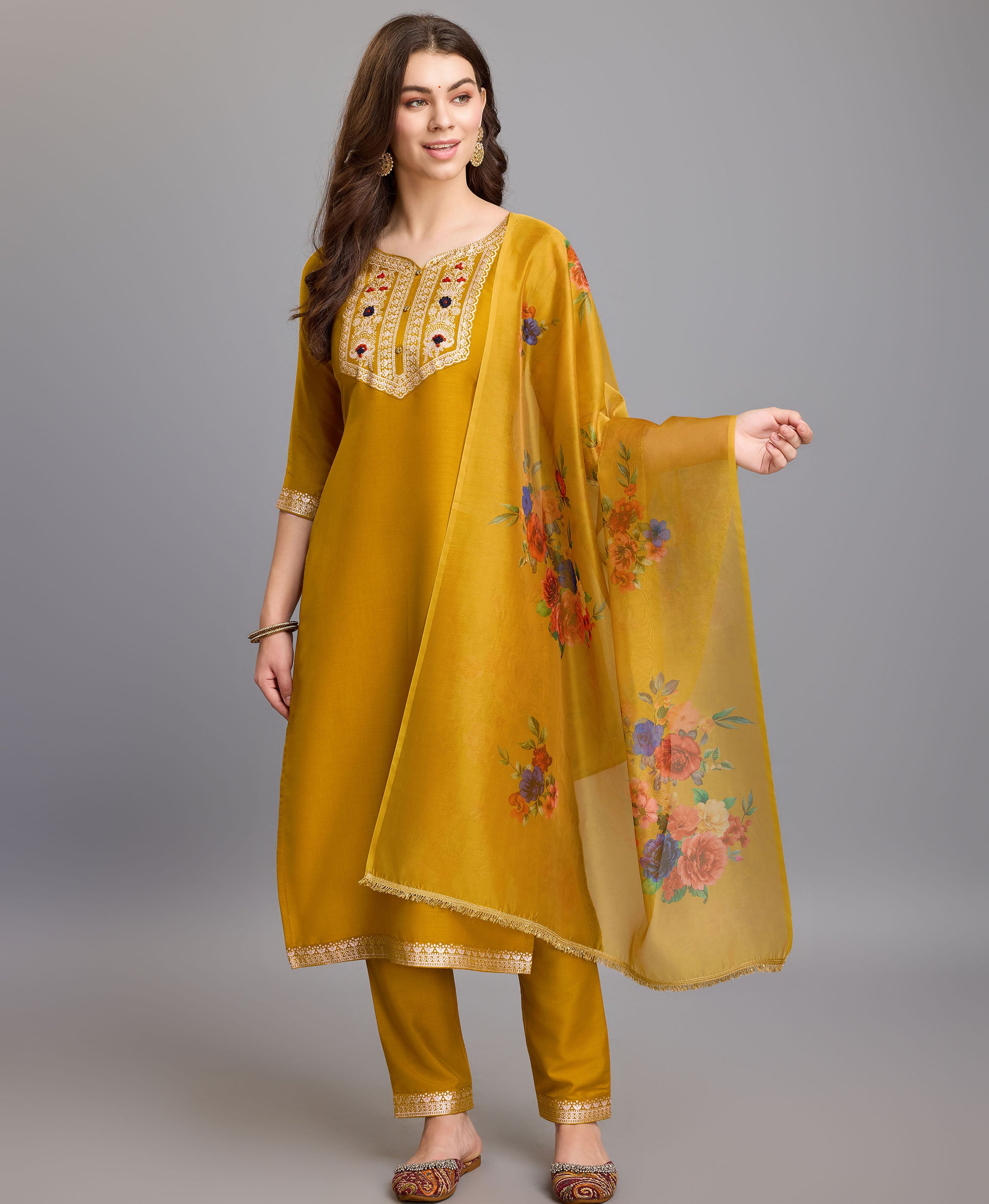 Mustard Chinon Silk Straight Party Kurta Set by Her Couture