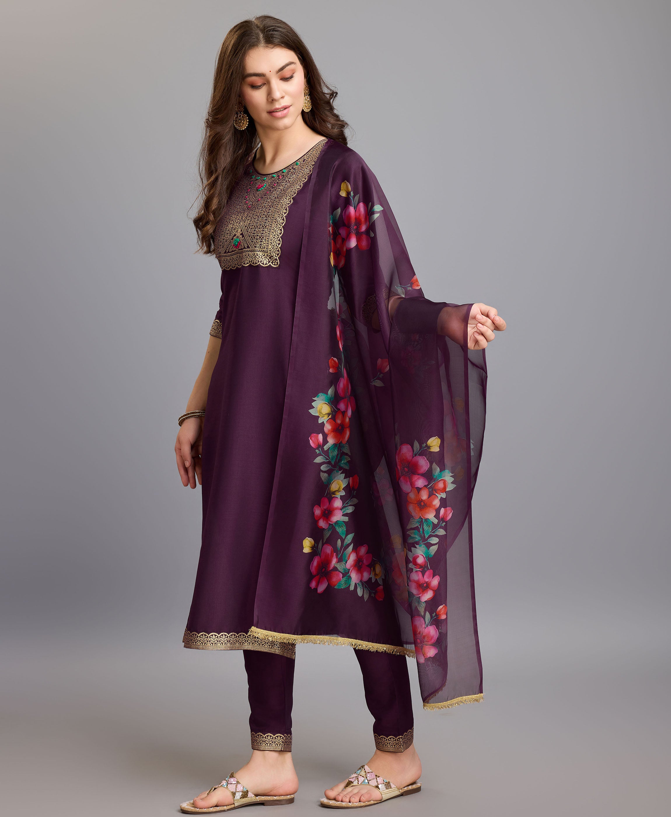 Her Couture Women's Burgundy Chinon Silk Geometric Jacquard Kurta With Pant & Dupatta
