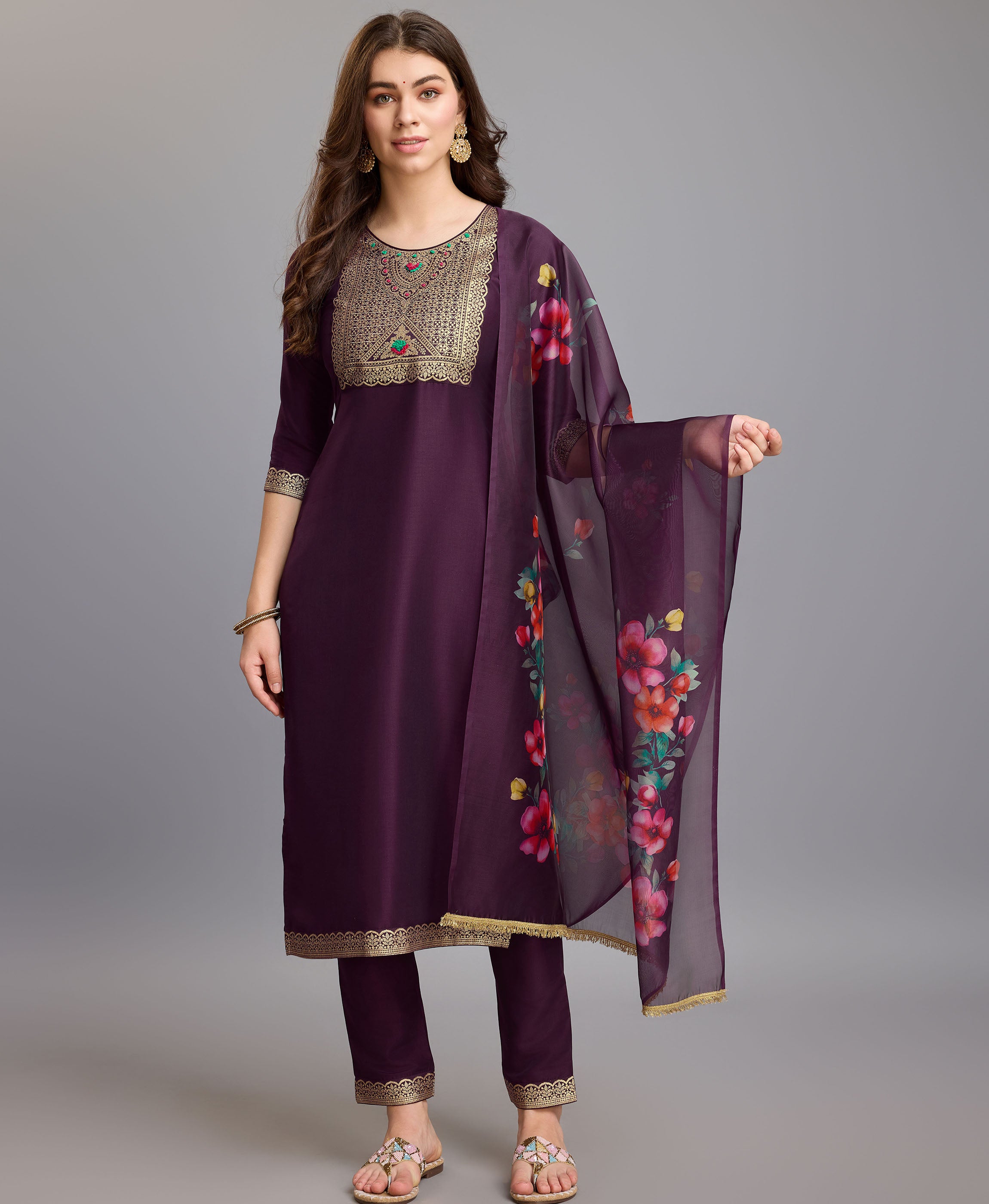 Burgundy Chinon Silk Straight Party Kurta Set by Her Couture