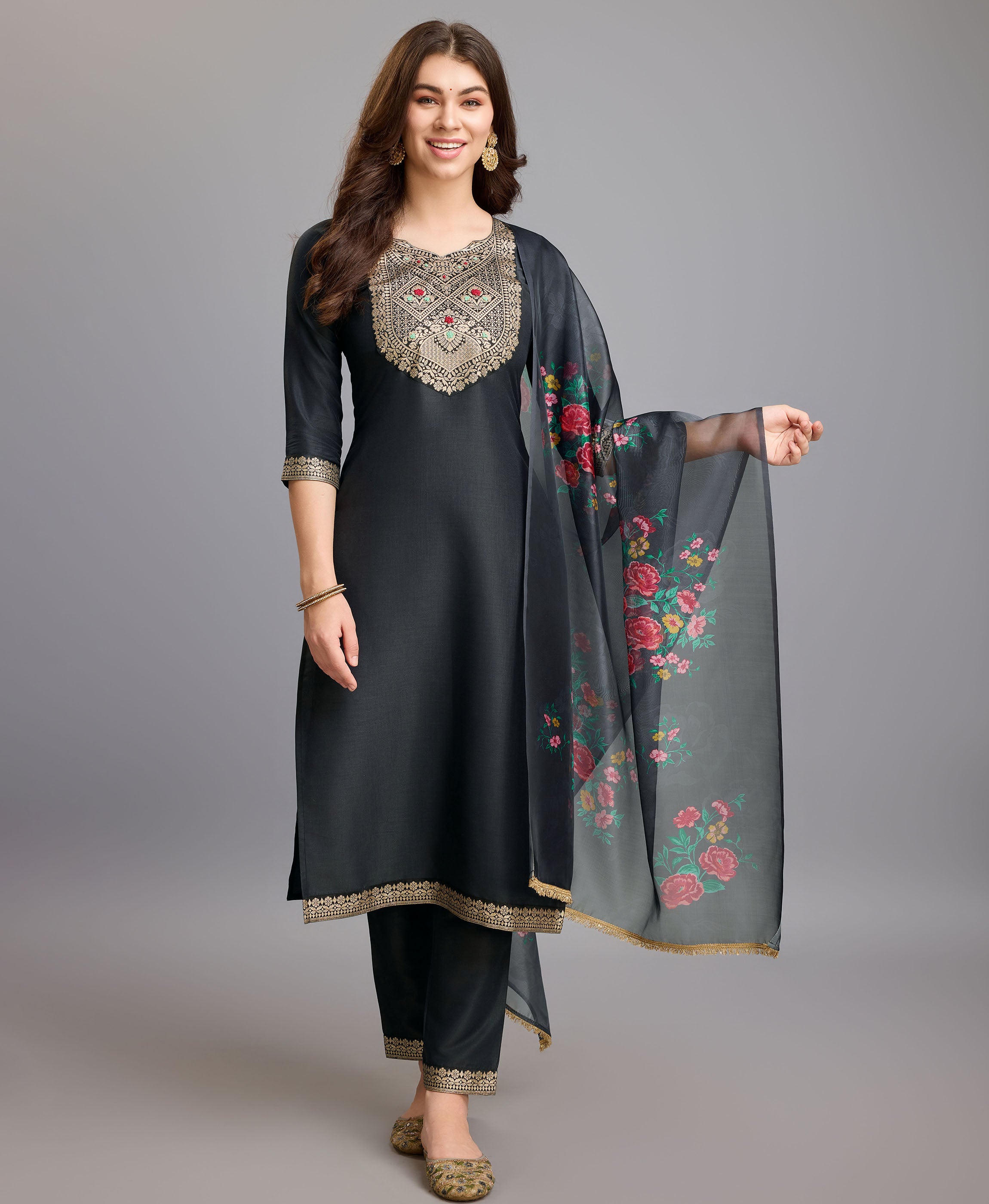 Grey Chinon Silk Straight Party Kurta Set by Her Couture