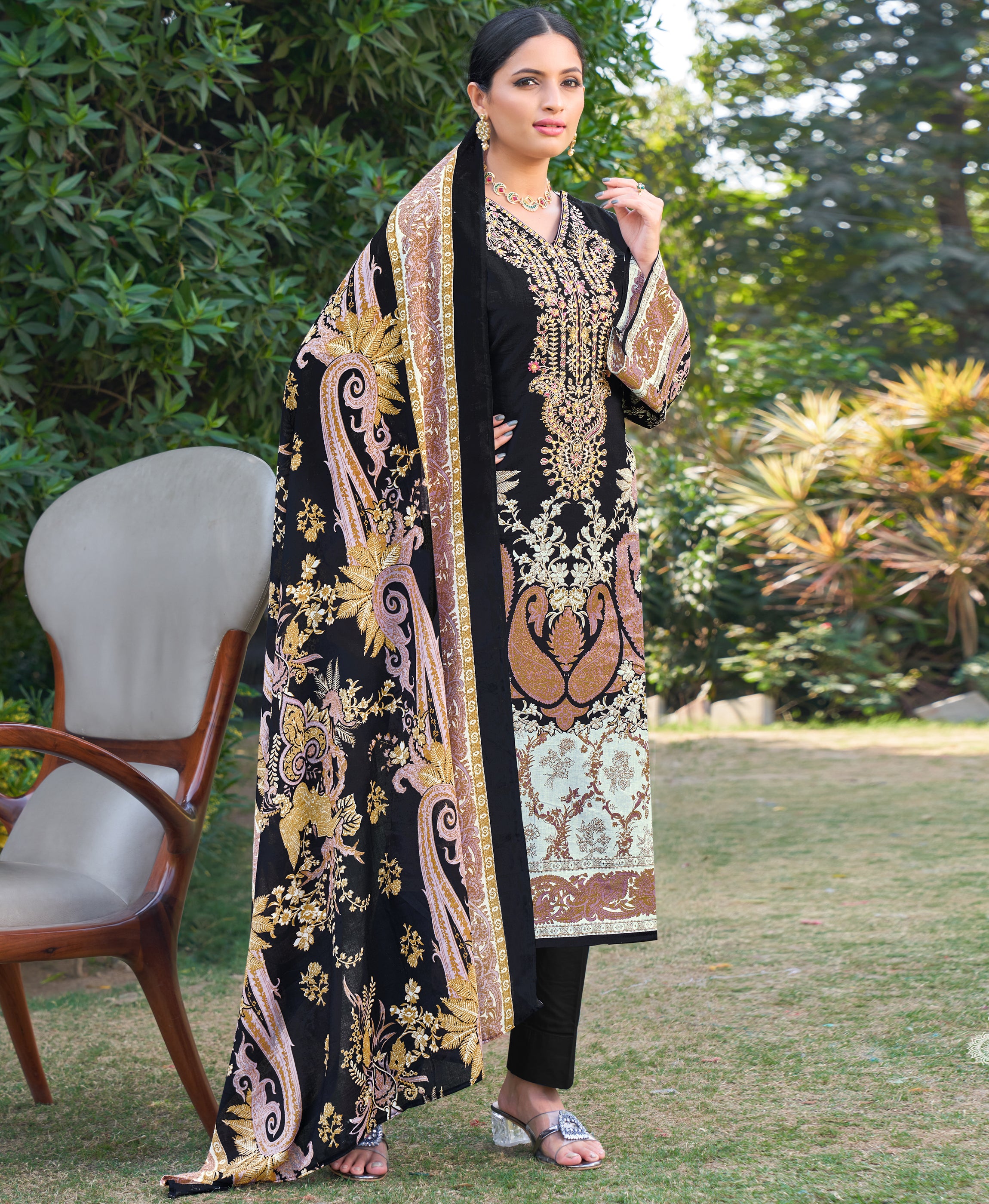 Black Cotton Pakistani Style Party Kurta Set by Her Couture