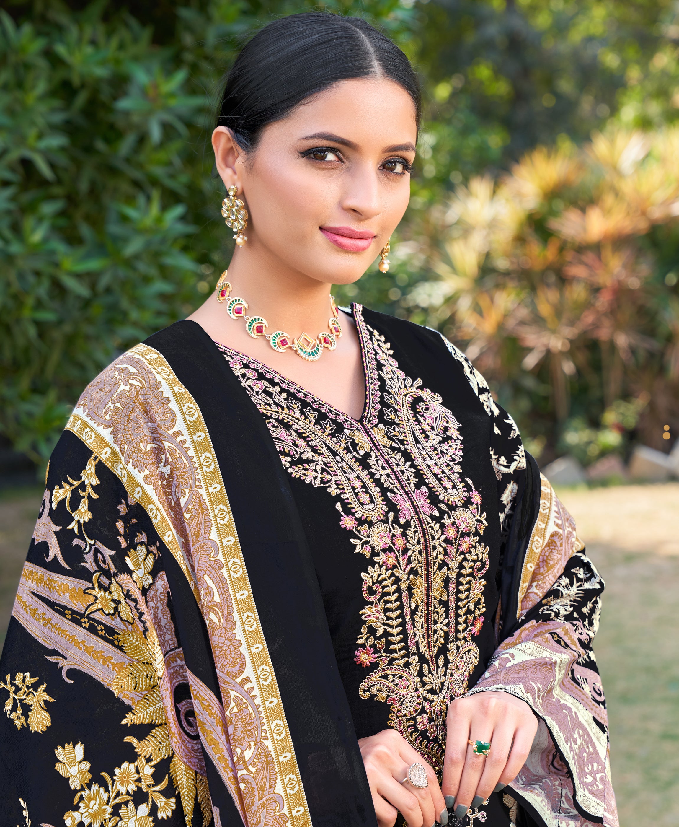 Her Couture Women's Black Cotton Paisley Embroidered Pakistani Style Kurta With Pant & Dupatta